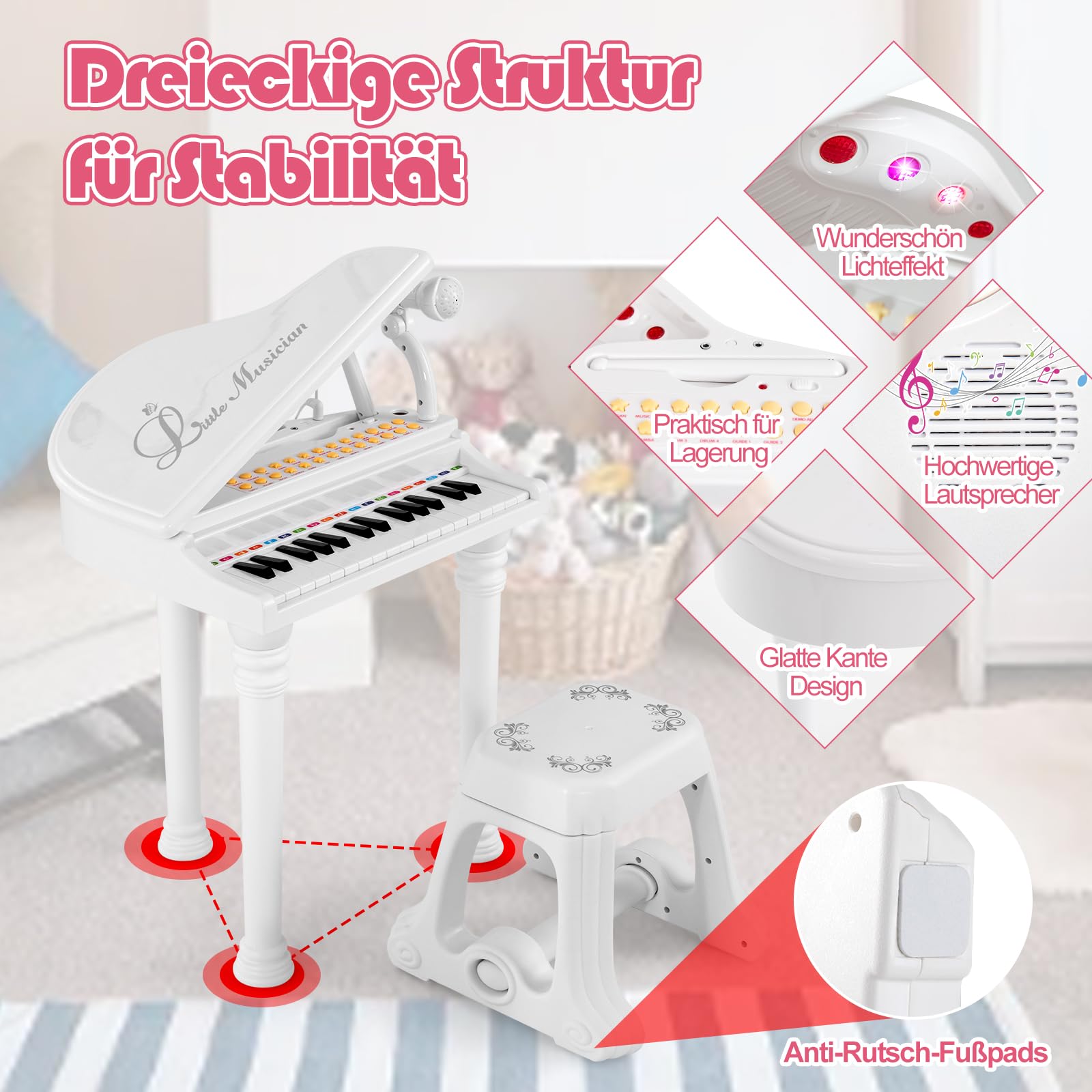 GOPLUS Klawiatura dziecięca z 31 przyciskami z taboretem, klawiatura fortepianowa z mikrofonem, światło LED i interfejs MP3, pianino elektryczne z 3 trybami nauczania, 22 demo, 4 rytmy, nagrywanie i