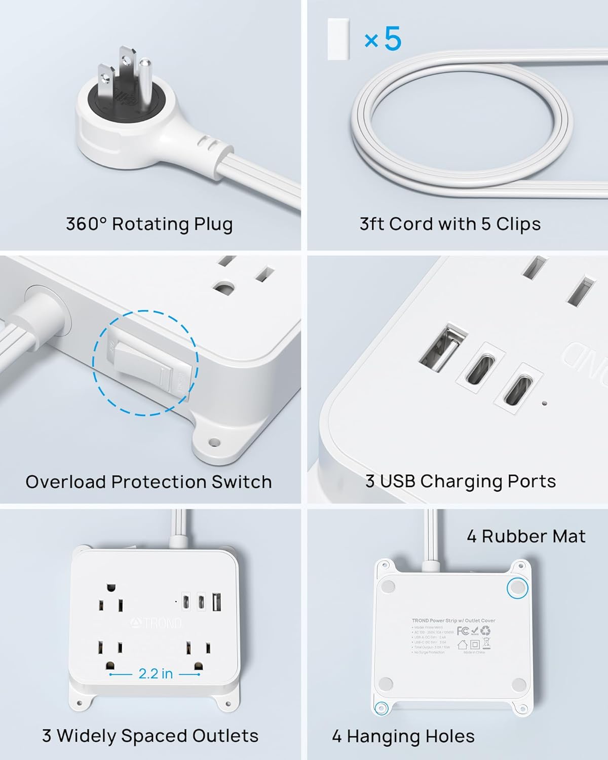 TROND 360 Rotating Plug Flat Power Strip, 3FT Short Extension Cord with 2 USB C Charger, 3 AC Widely Spaced Outlets with On Off Switch, Screw-on Wall Mountable, Use Behind Couches, Nightstands, Desks