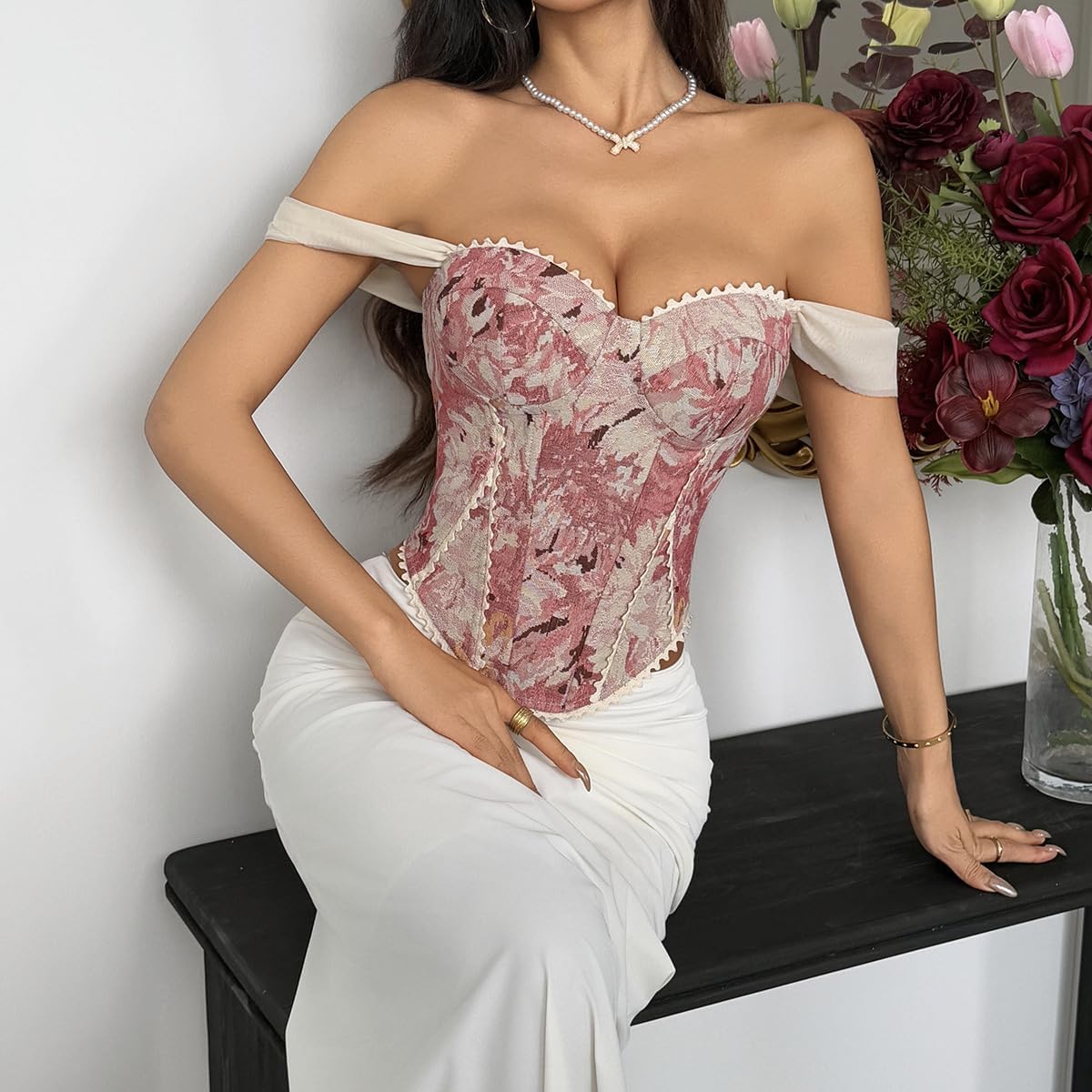 Wuitrie Corset Tops for Women Sexy Sleeveless Bustier with Tie Floral Print Slim Fit Night Out Vintage Vacation Clubwear