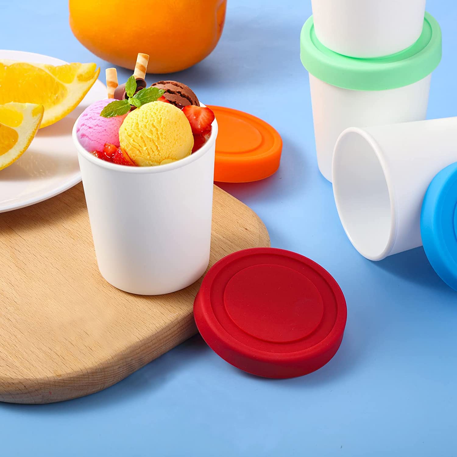 Set di 6 Coppette Gelato, 250ML Vaschetta per Gelato con Coperchi in Silicone, per la Conservazione di Gelato Fatto in Casa, Sorbetto