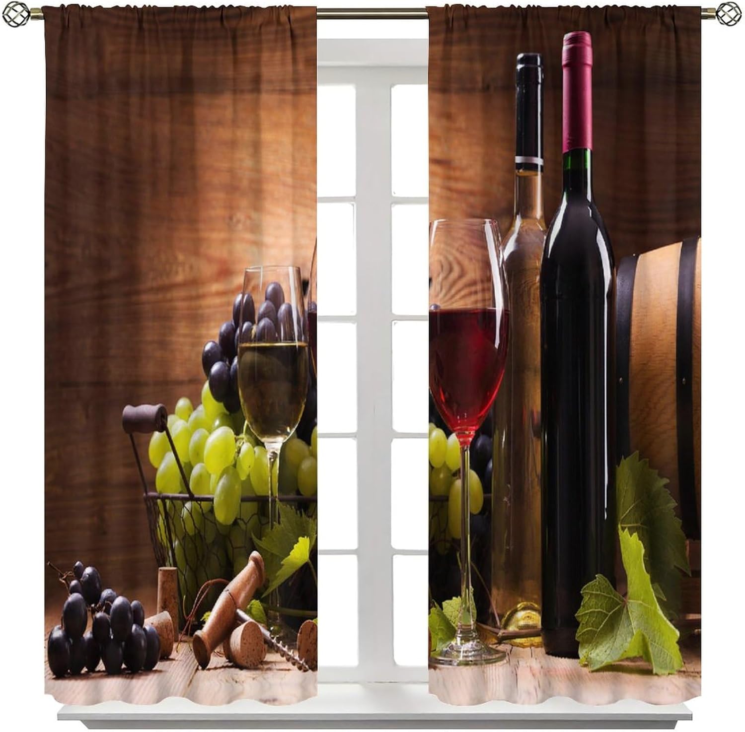 Wine Blackout Window Curtains, Glasses Wine Served Grapes French Gourmet Window Drapes, for Kitchen Living Room Bedroom 27.5(W)*63(L) 2 Panels