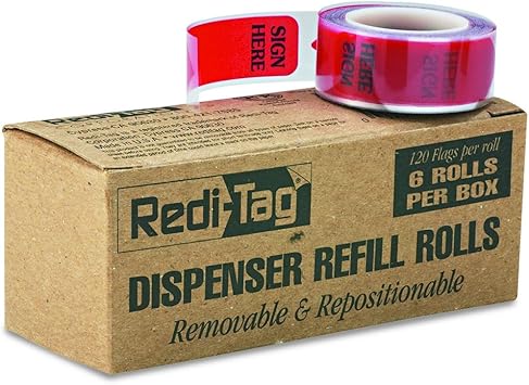 Redi-Tag 91012 Arrow Message Page Flag Refills,#34;Sign Here", 120 Flags per Roll Box of 6 Rolls