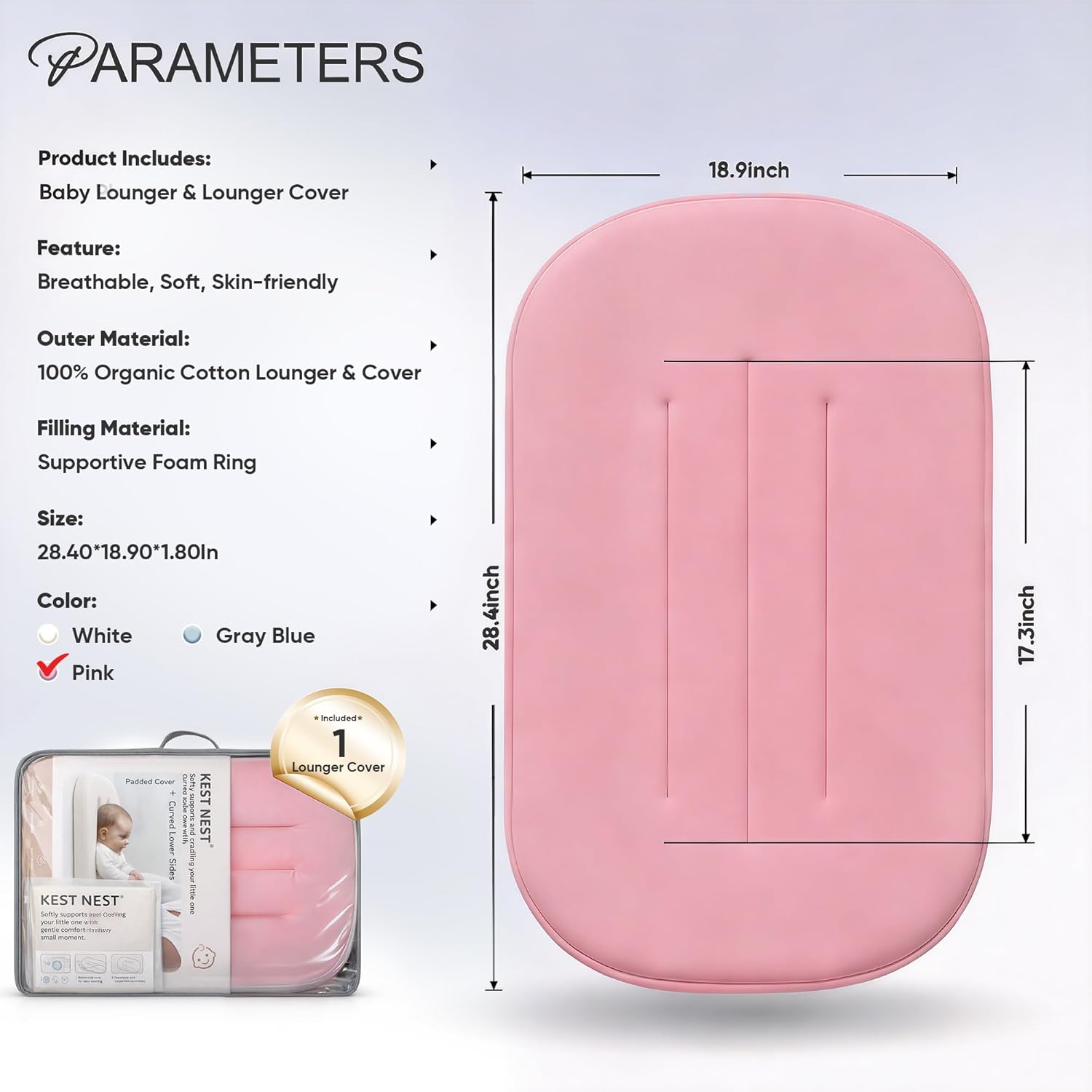 Baby Lounger - Ergonomic Curved Infant Support Cushion for Newborns, Breathable Portable Baby Nest Lounger & Tummy Time Mat for Home and Travel, Pink (Cotton Cover Included)
