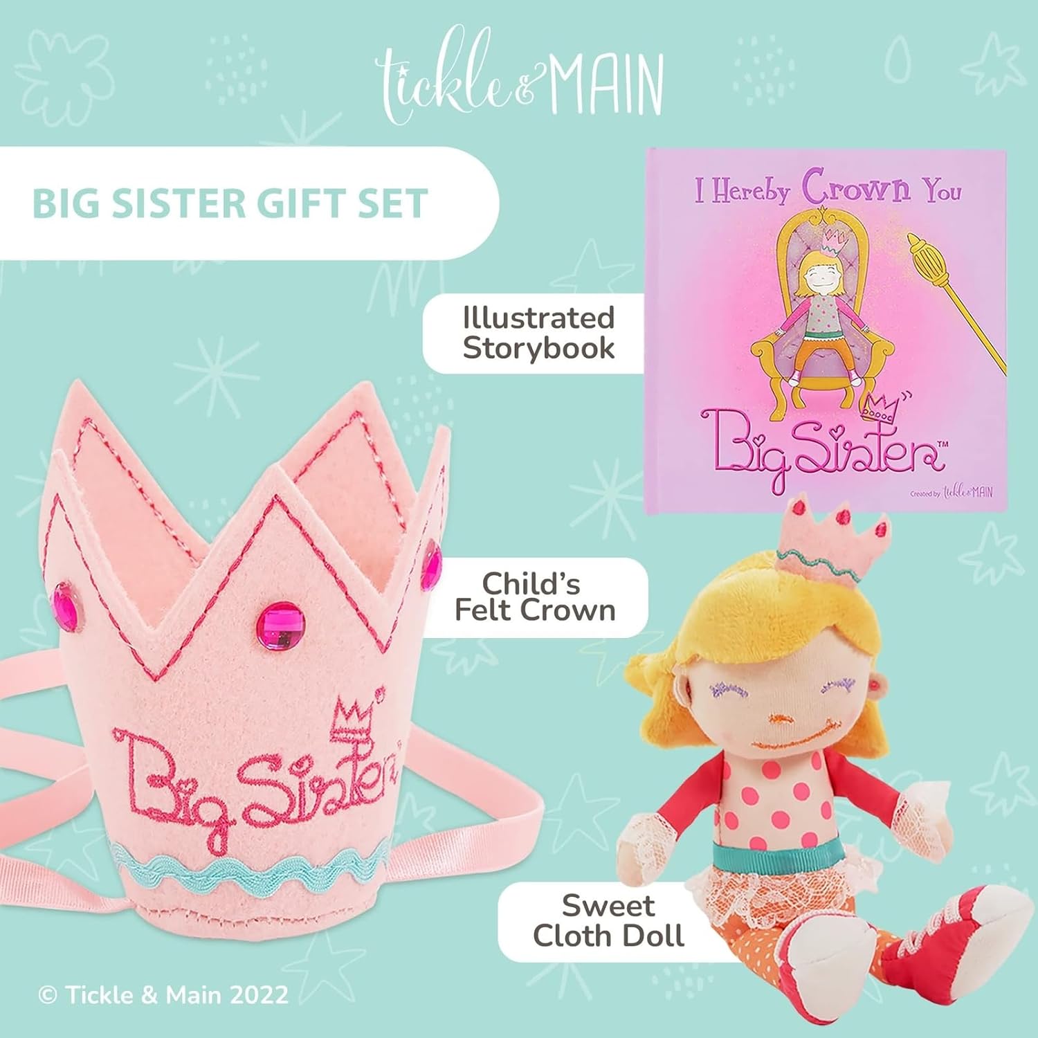 Tickle & Main Big Sister Gift Set - 3-Piece Kit, Multicolor - Includes I Hereby Crown You Storybook & 8-Inch Cloth Doll with Adjustable Felt Crown - Big Sister Gifts for Girls