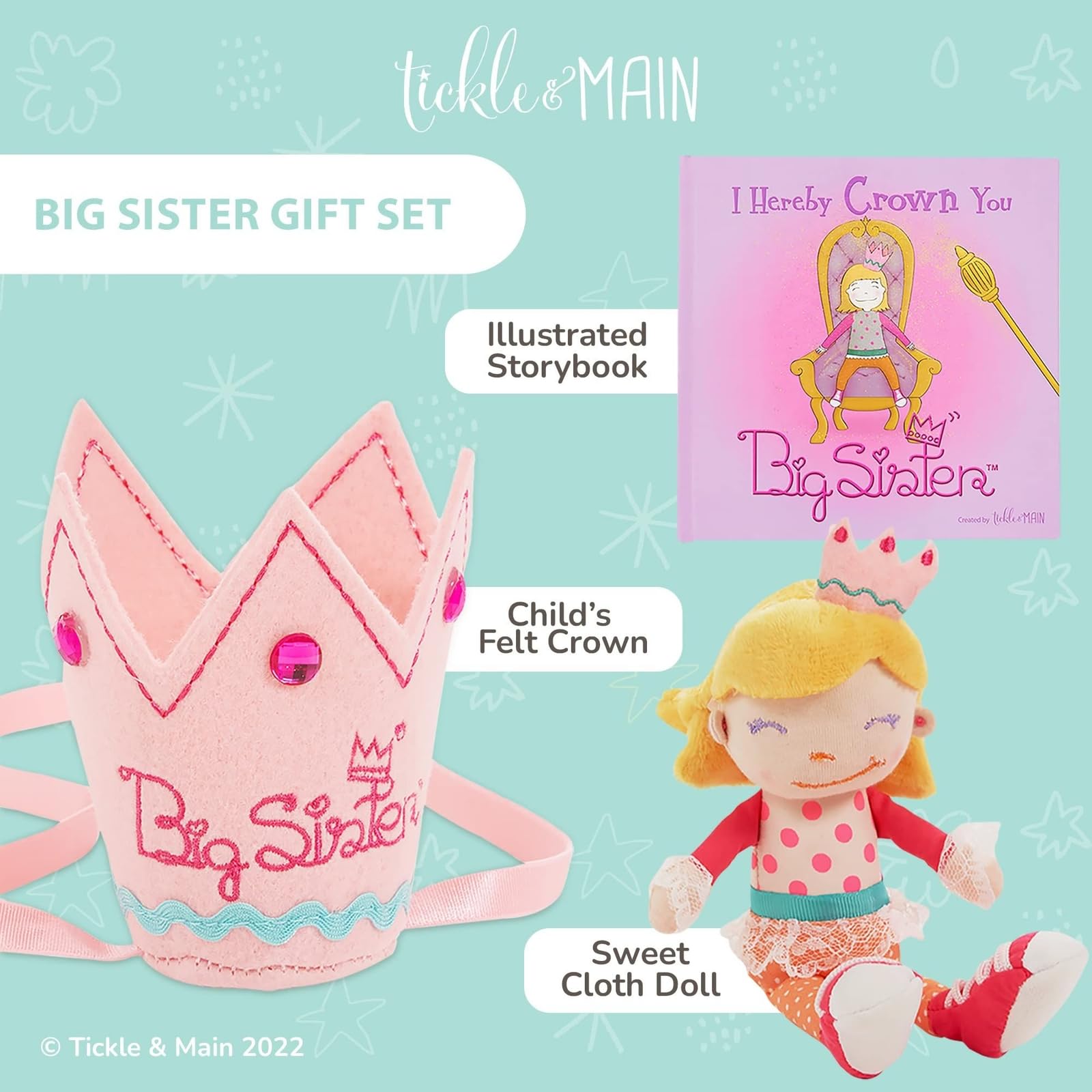 Tickle & Main Big Sister Gift Set - 3-Piece Kit, Multicolor - Includes I Hereby Crown You Storybook & 8-Inch Cloth Doll with Adjustable Felt Crown - Big Sister Gifts for Girls
