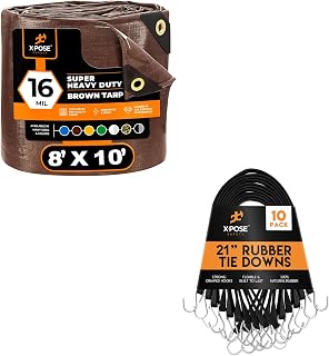 8' x 10' Heavy Duty Brown Poly Tarp with 10-Pack 21" (32” Max Stretch) Bungee Cords Waterproof, UV Resistant, Rip Proof, Reinforced Edges, Grommets, and Durable Tie Down Straps – by Xpose Safety