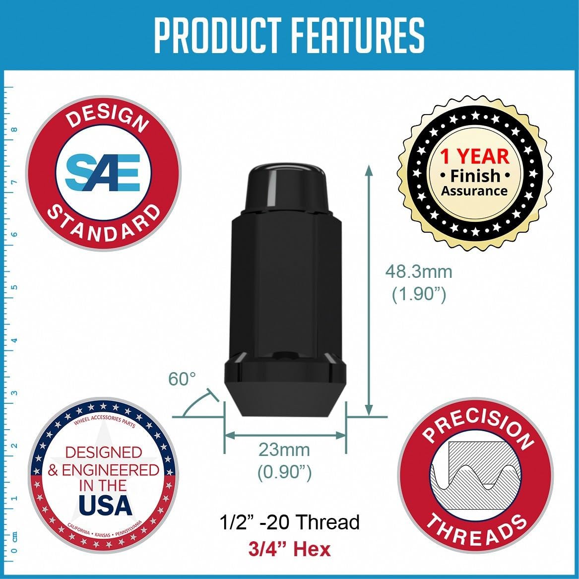 Wheel Accessories Parts 32 Pcs 1/2"-20 Thread Bulge Acorn 1.90" Long Lug Nuts Black Chrome 3/4" 19mm Hex Fits Dodge D200 D250 D350 Chevy C20 C30 K20 K30