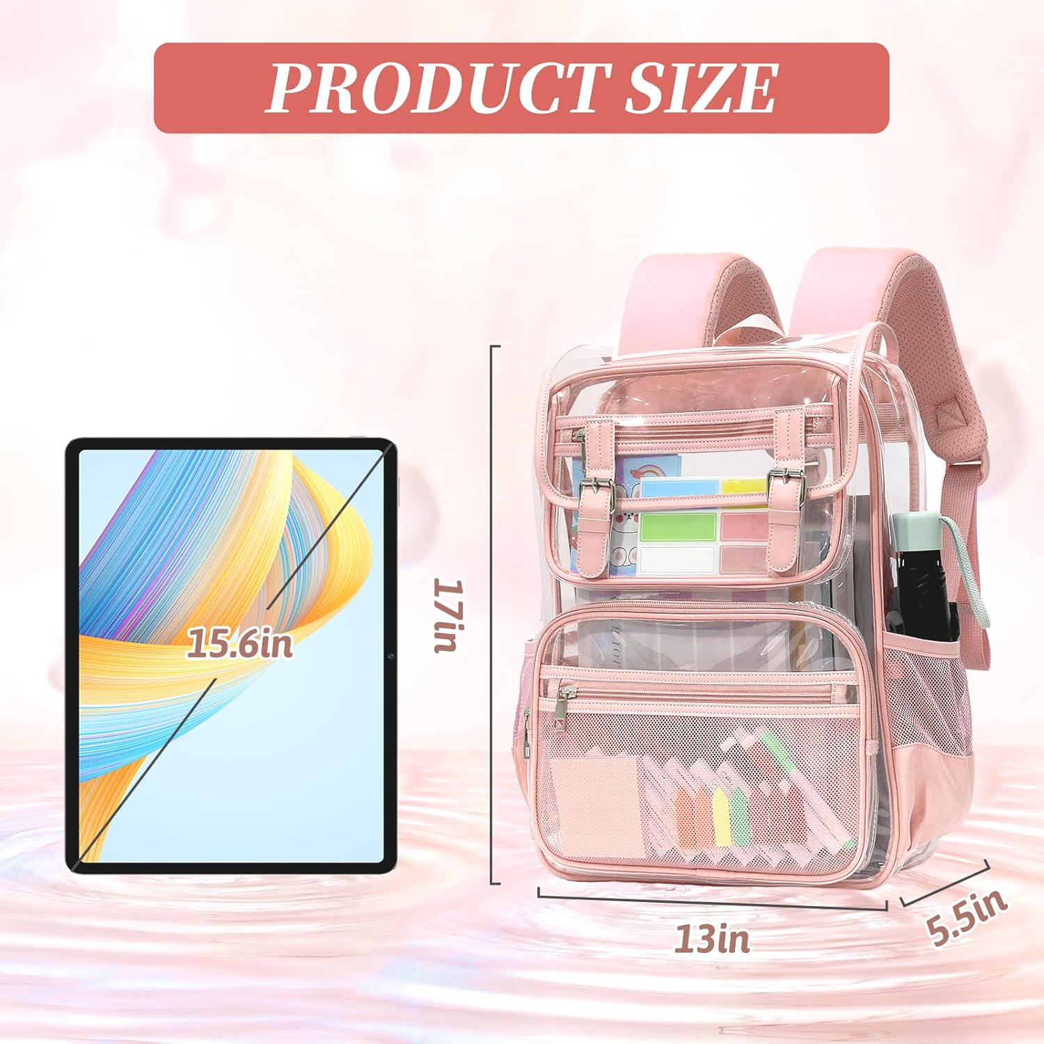 Clear Backpack Heavy Duty for Girls, Thick PVC Transparent Bookbag with Leather Trim, Stadium Approved Clear Backpacks, Large Capacity See Through Backpacks for School Travel (Pink) - Image 4