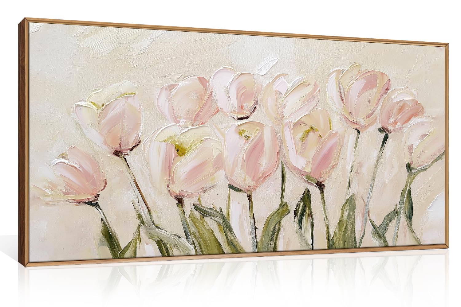 chditb tulip floral framed canvas wall art, 20"x40" watercolor flower pink tulip textured oil painting, modern wildflower wall decor, large pink floral artwork for living room, bedroom, office