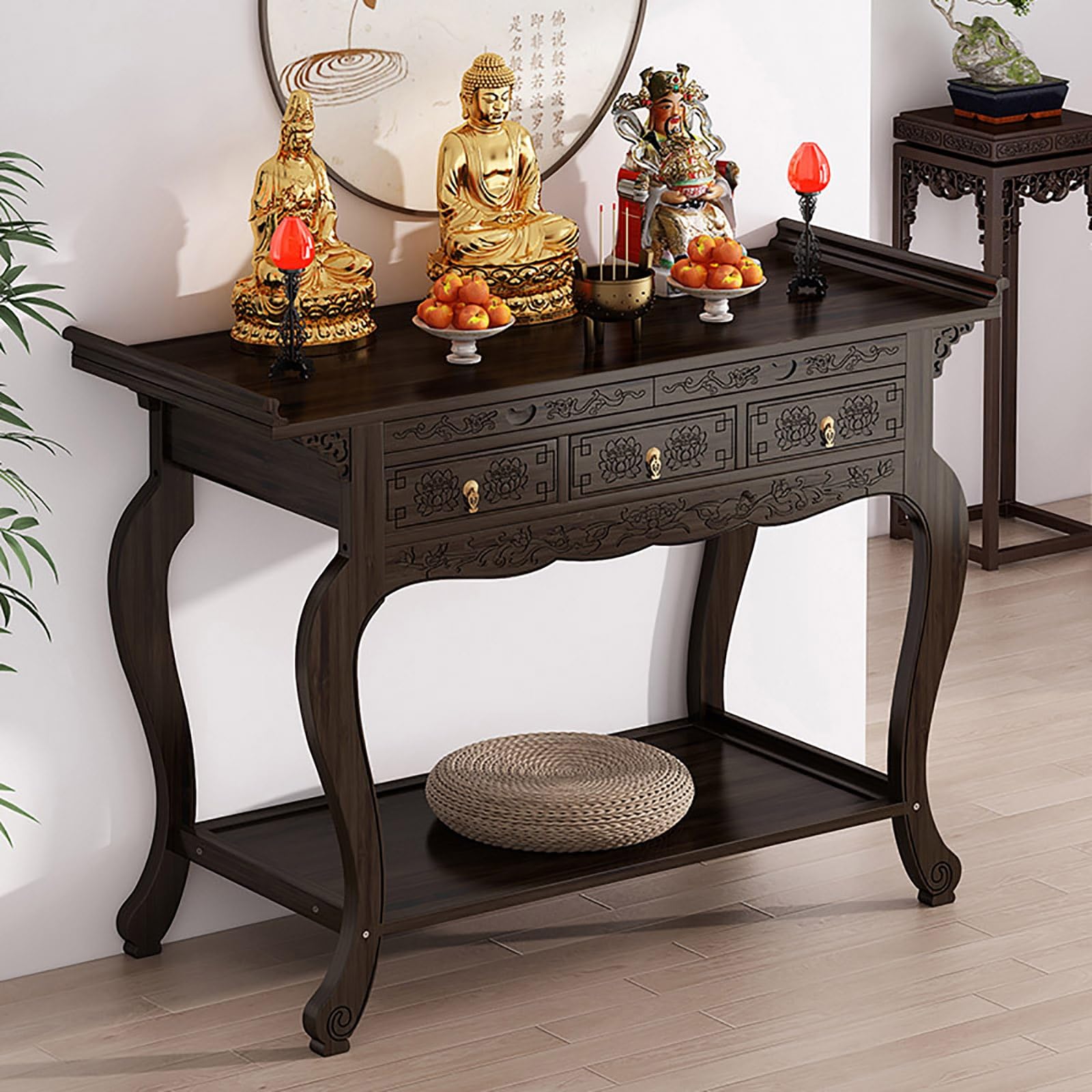 Table d'autel de méditation en bambou avec rangement et socle d'armoire