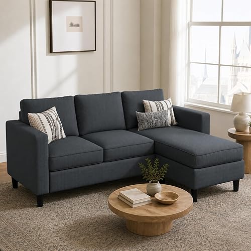 Nuturelly Convertible Sectional Sofa Couch with Movable Ottoman, 3-Seater Modern L-Shaped Sofa for Small Spaces, Soft Fabric Couch for Living Room, Small Apartment & Office(Gray)