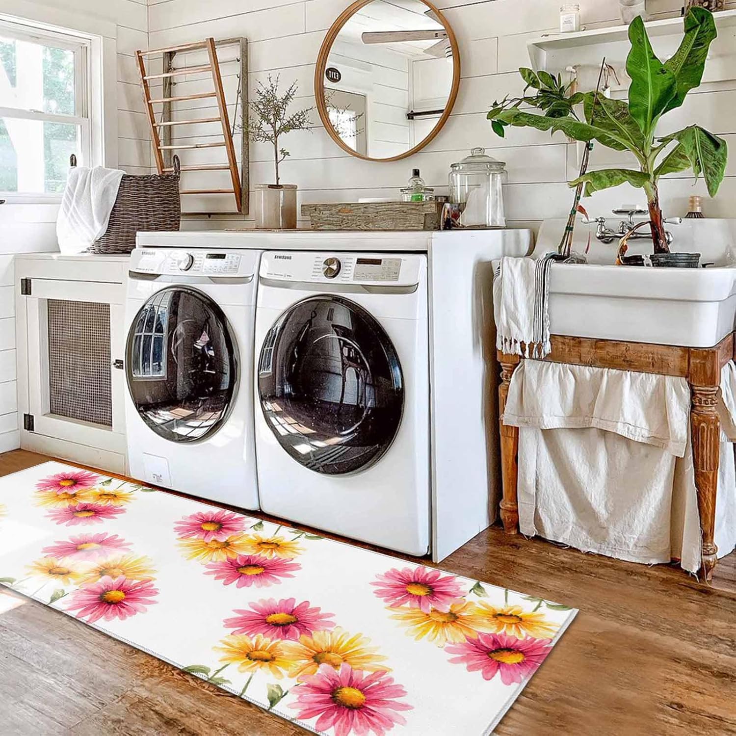 Kitchen Mats for Floor Watercolor Yellow Pink Daisy Washable Non Slip Kitchen Rugs 2PCS, Country Floral Art Absorbent Standing Mats for Sink Bathroom Office Living Room 15.7x23.6in+15.7x47.2in