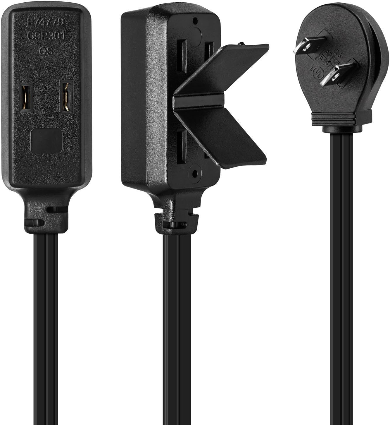 Maximm Cable 2 Feet Flat Plug Extension Cord/Wire, Multi Outlet - Angled Plug Extension Cord with Safety Cover - Black