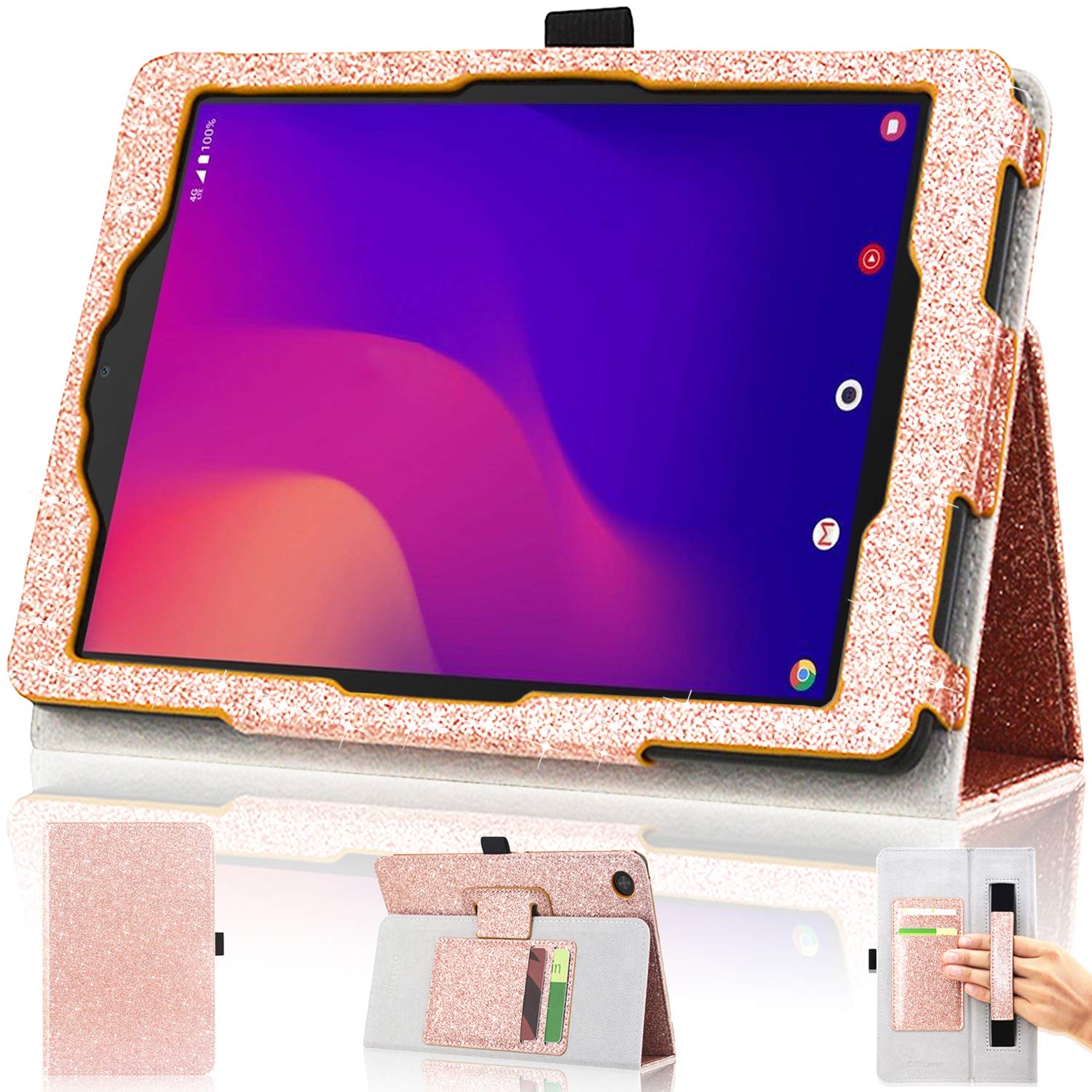 DMLunaCase for Metroby T-Mobile Alcatel Joy Tab 2 Tablet 2020 Release Model 9032Z(NOT FIT ALCATEL Joy TAB 8 2019 Model 9029Z), Folio PU Leather Stand Cover with Hand Strap/Card Slot, Rose