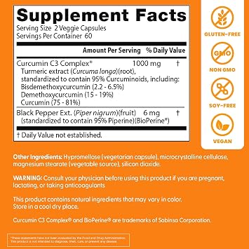 Doctor's Best Turmeric Curcumin Supplement 1000mg for Men & Women - Curcumin Caps from Turmeric Root, Black Pepper Extract (BioPerine), 95% Piperine, Joint Health Support, Non GMO - 120 Veg Capsules