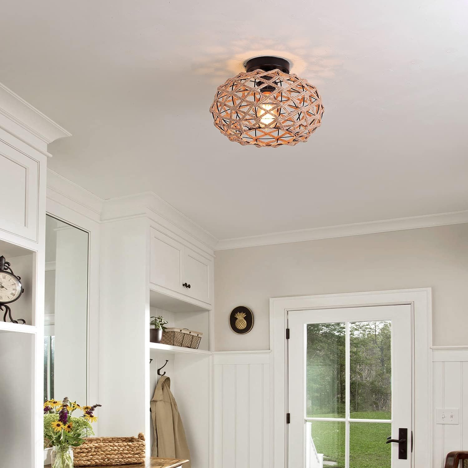 Nomita Rustic Woven Flush Mount Light Fixture Industrial Hemp Rope Cage Semi Flush Mount Ceiling Light for Hallway Bedroom Kitchen Entryway Farmhouse, Black