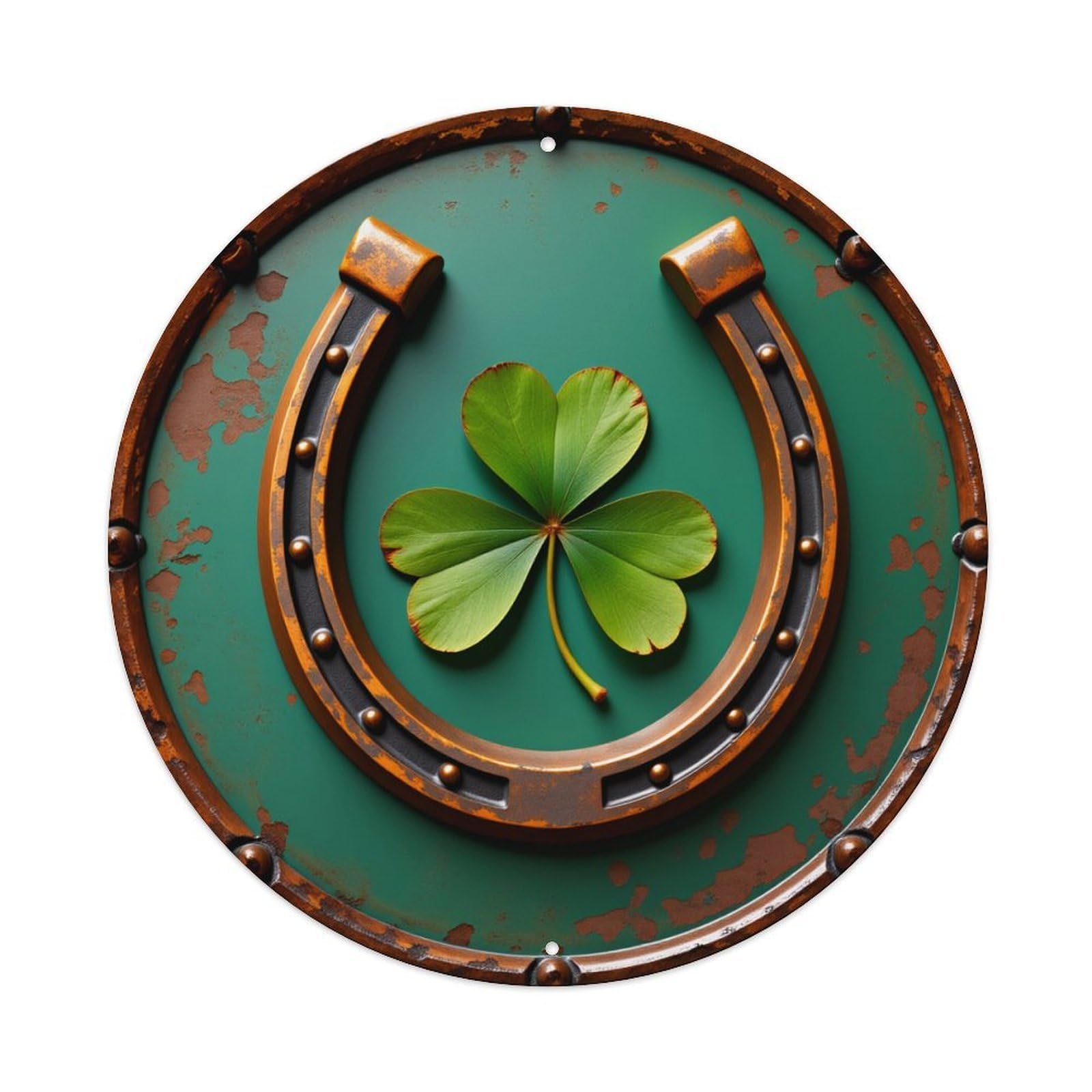 Horseshoe Clover Green Background Rustic Pattern Round Vintage Tin Sign,Retro Wall Art,Metal Poster for Home, Bar, Garage, Cafe, Rustic Indoor & Outdoor Decor, 8x8 Inches