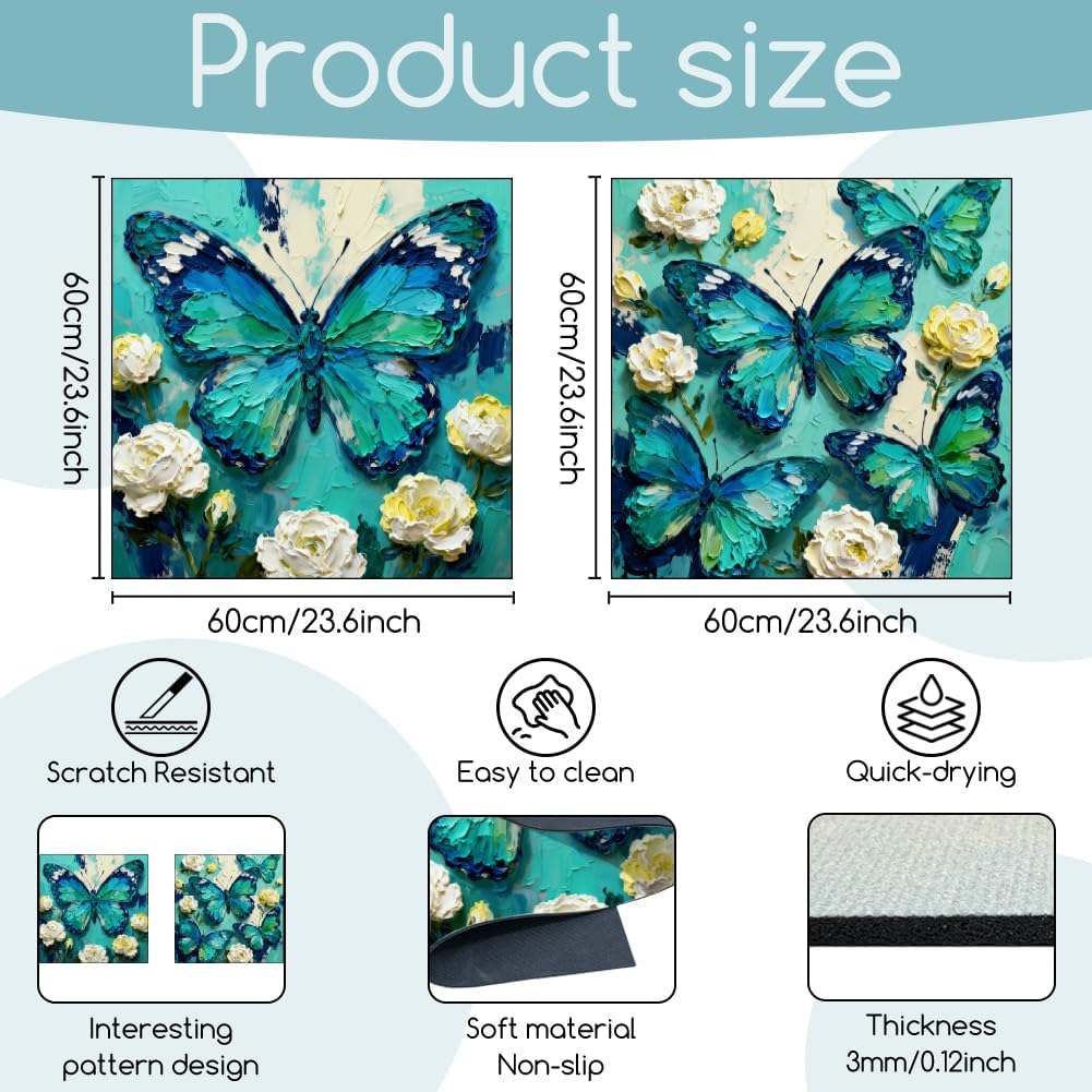 GLOBLELAND 2 Pcs Blue Green Butterfly Washer Dryer Dust Cover 23.6×23.6 inch Flower Washing Machine Top Protector Pads Non Slip Washing Machine Top Covers for Laundry Room Living Room Table