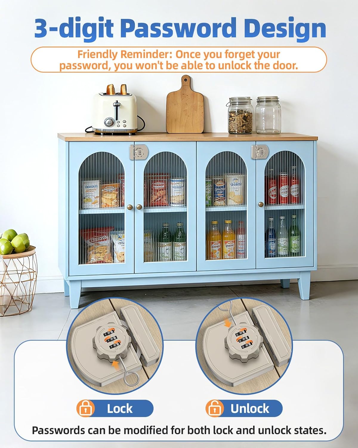 180 Degree Combination Cabinet Lock, Keyless 3 Digit Password Lock, Anti Pry Zinc Alloy Mechanical Sliding Door Lock for Cupboard, Closet, Drawer (2, Nickel)