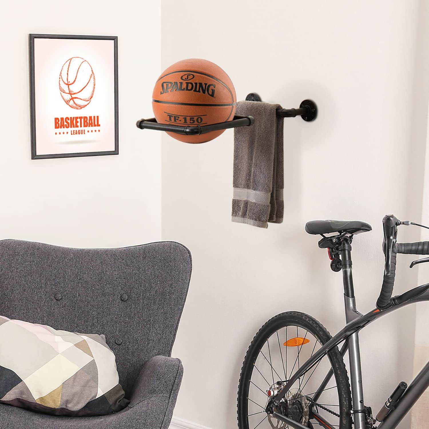 MyGift Yoga Ball Storage Wall Mount, Black Metal Pipe Racks for Exercise Ball Holder, Ball Storage for Home Gym or Studio