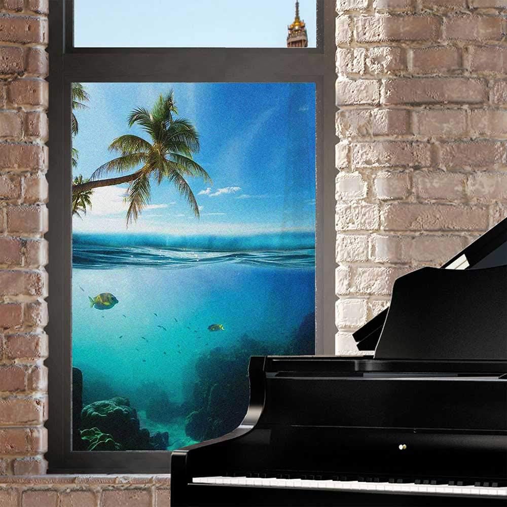 Ocean Window Privacy Film,Tropical Underwater Shot with Surface Coconut Tree and Sky Aqua Water Theme Paradise Frosted Glass Cling for Bathroom Office Living Room,Turquoise, 24x36 inch