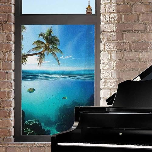 Miniatura 3 de Película de privacidad para ventana oceánica, tiro submarino tropical con superficie de cocotero y agua de cielo aguamarina, vidrio esmerilado