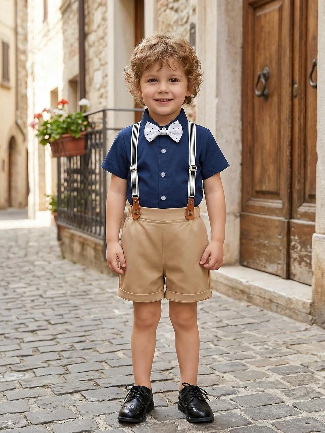 Boarnseorl Baby Boys Shorts Sets, Infant Shirt+Shorts+Bow Tie+Suspenders Outfits Suits