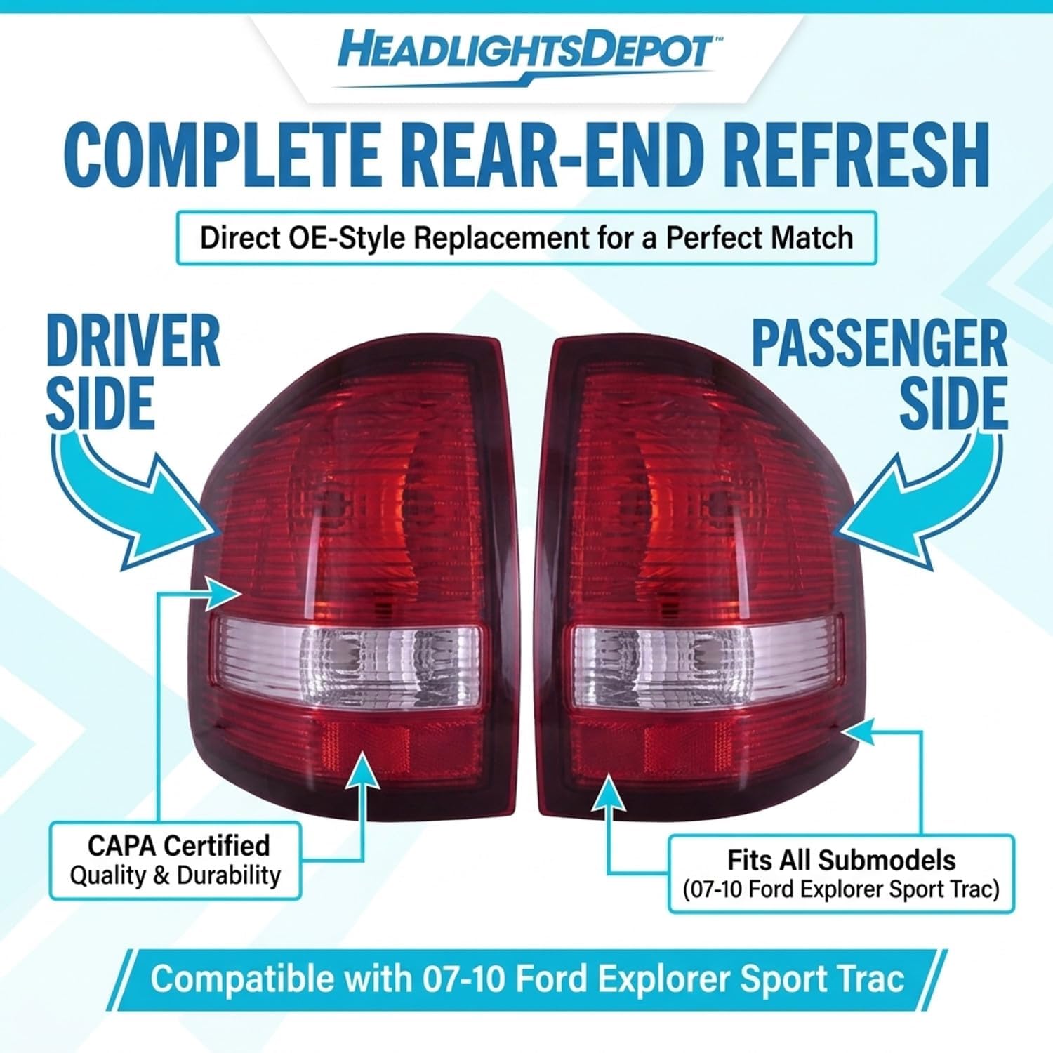 Driver Passenger Tail Light Set Compatible With 07-10 Ford Explorer Sport Trac; CAPA Certified
