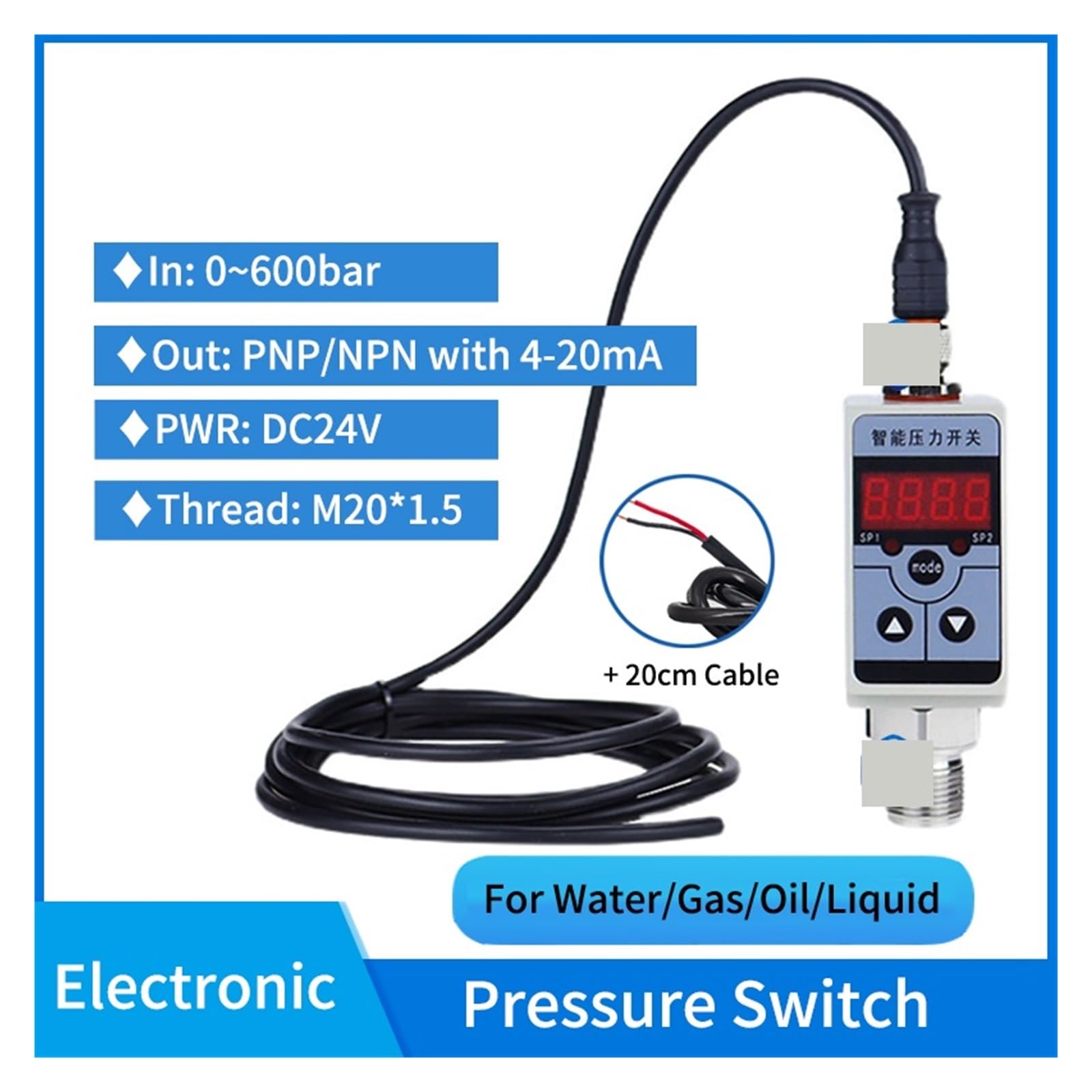 Interruptor de presión Digital electrónico intelinte NPN PNP 1 a 600 Bar, controlador interruptor neumático hidráulico 4-20mA,Alta precisión(-1 to 1 bar,G1-2,2 PNP output)