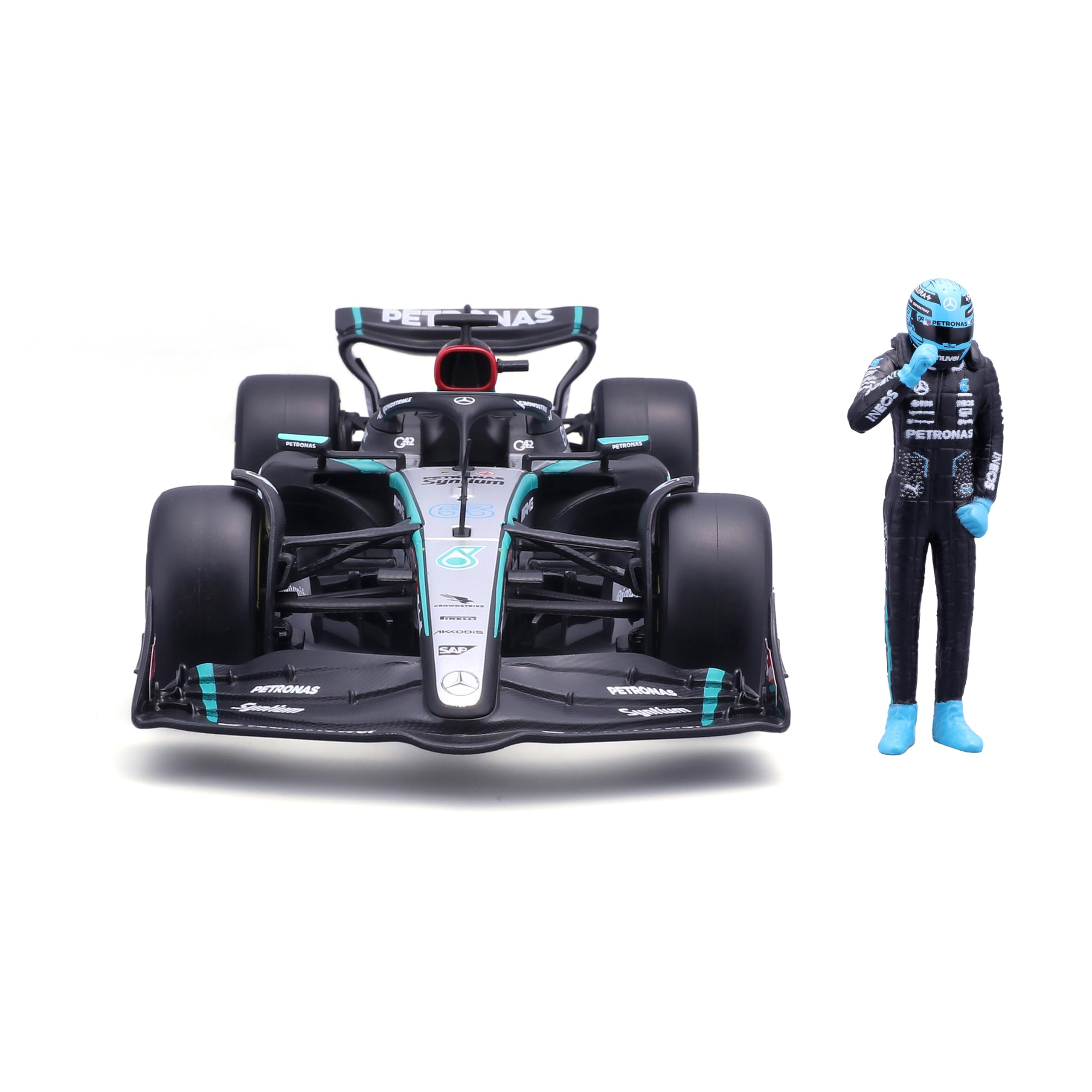 Bburago – Mercedes W15 Russell, Modelo de Coche a Escala 1:24, Figura del | Modelo F1 Mercedes W15 #63 Russell a escala 1:24 con figura, réplica detallada con licencia Mercedes, a partir de 14 años