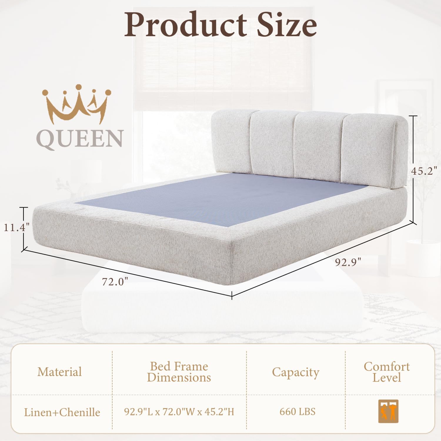Yechen Queen Cloud All-in-One Bed Frame Upholstered Chenille, Platform Bed Frame with Headboard, No Mattress Needed, Tool-Free Assembly No Assembly Required for Lazy, Cream