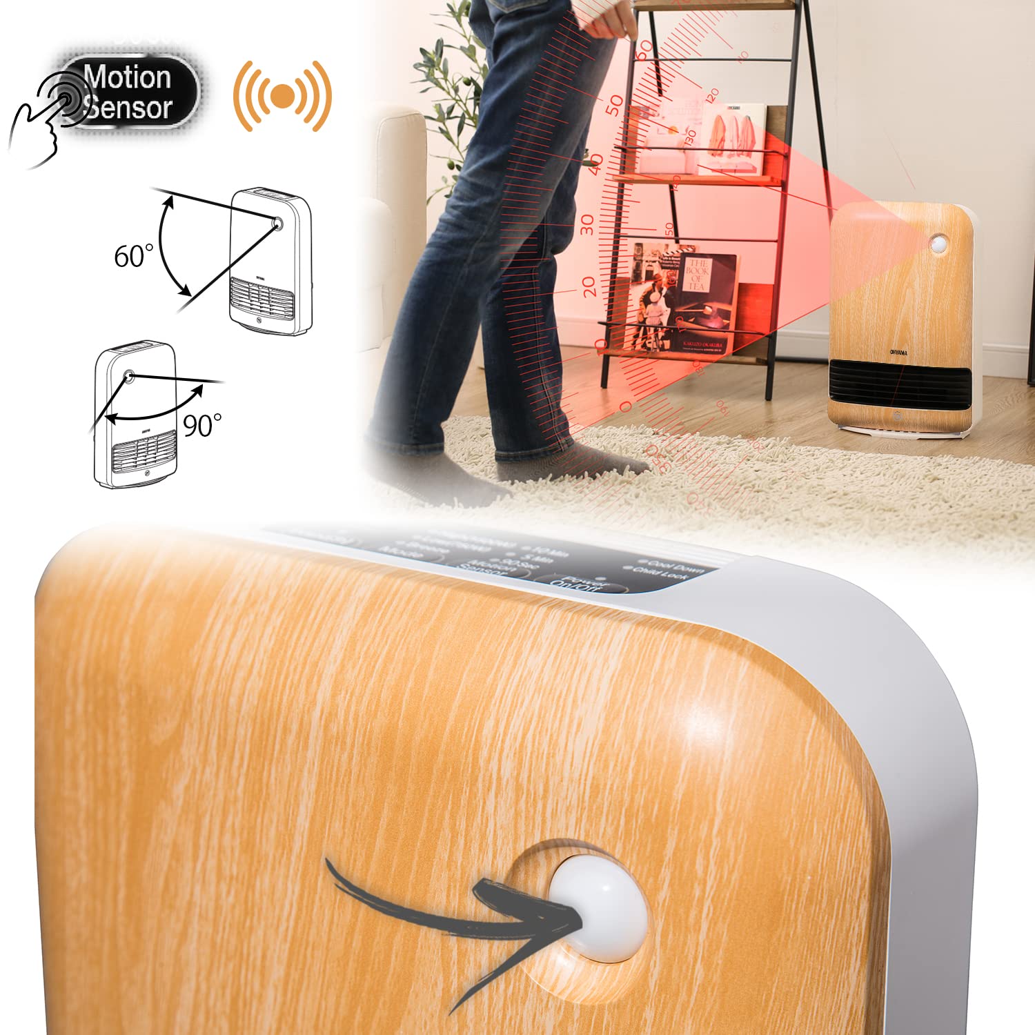 Iris Ohyama, Mobilny termowentylator, 1500 W, czujnik ruchu, timer, Do ogrzewania dodatkowego - Ceramic Fan Heater JCH-15TD4 - Jasne drewno