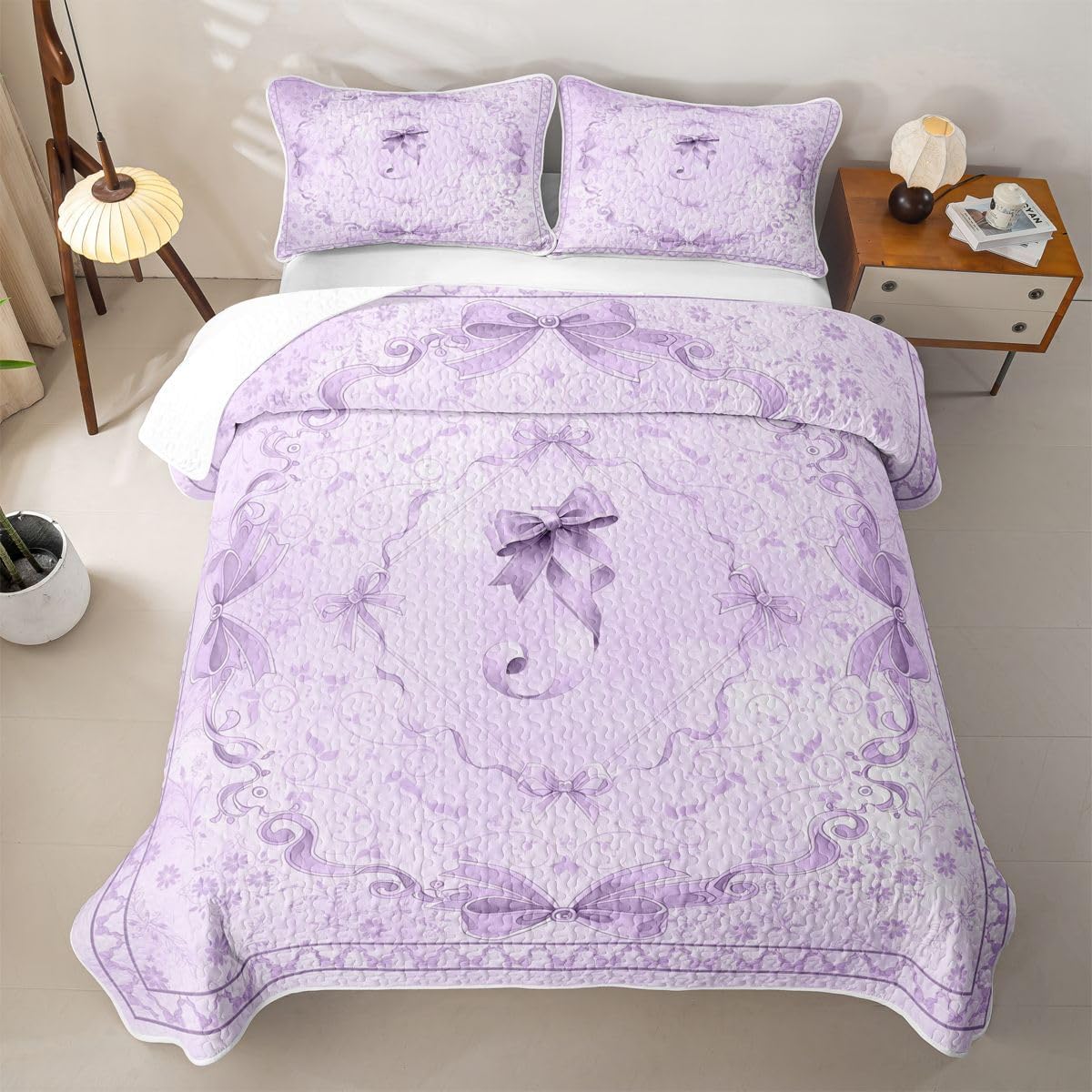 Feelyou Bow Quilt Set 2 Pieces Twin Size Bowknot Quilted Bedding for All Season Retro Flowers Kids Boys Girls Bedspread Light Purple Coverlet Set with 1 Pillowcase Personalized Initial J