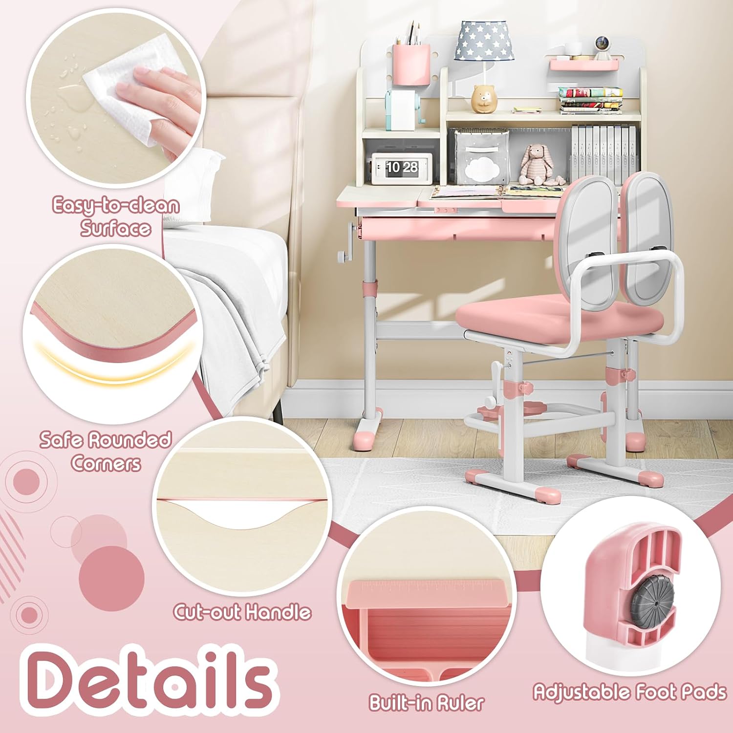 HONEY JOY Kids Desk and Chair Set, Height Adjustable Children School Study Table and Chair w/Tilt Desktop, Bookshelf, Storage Drawer Hutch, Pen Holder, Student Writing Workstation, Gifts (Pink)