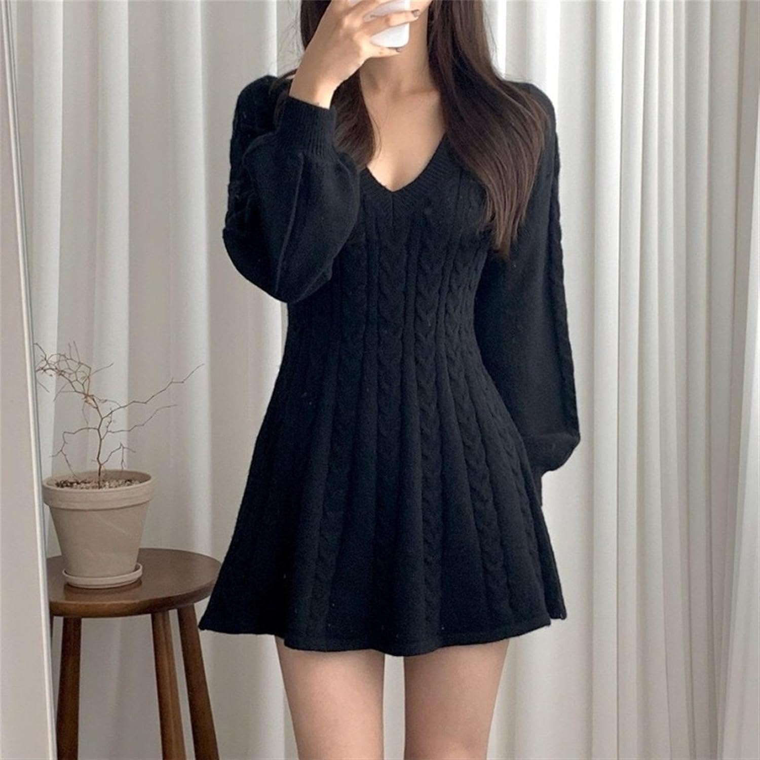 Women's V Neck Ribbed Knit Midi Dress Casual Chunky Cable Pullover Dress Long Sleeve Elegant Bodycon Sweater Dress