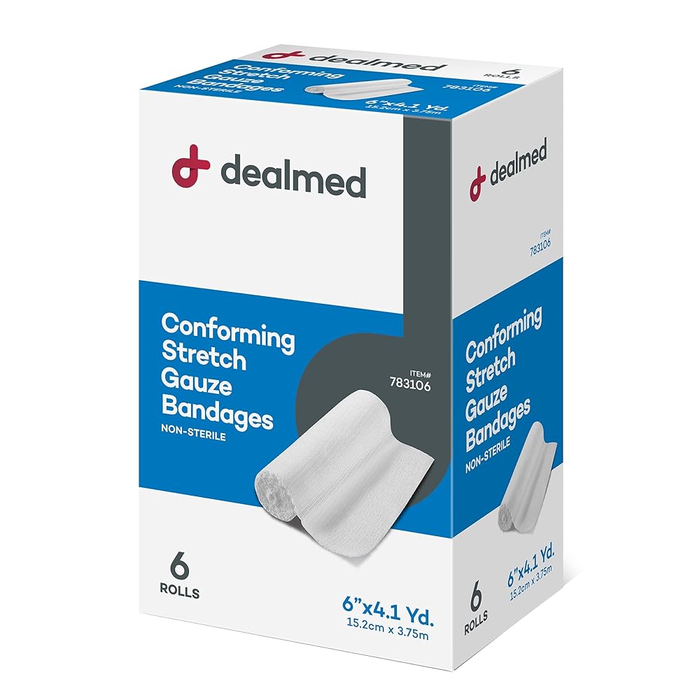 Dealmed 6 Non-Sterile Conforming Stretch Gauze Bandages, 4.1 Yards Latex Free Stretched Dressing Wrap, Medical Non-Adherent Wound Care Mesh Bandages (Box of 6 Rolls)
