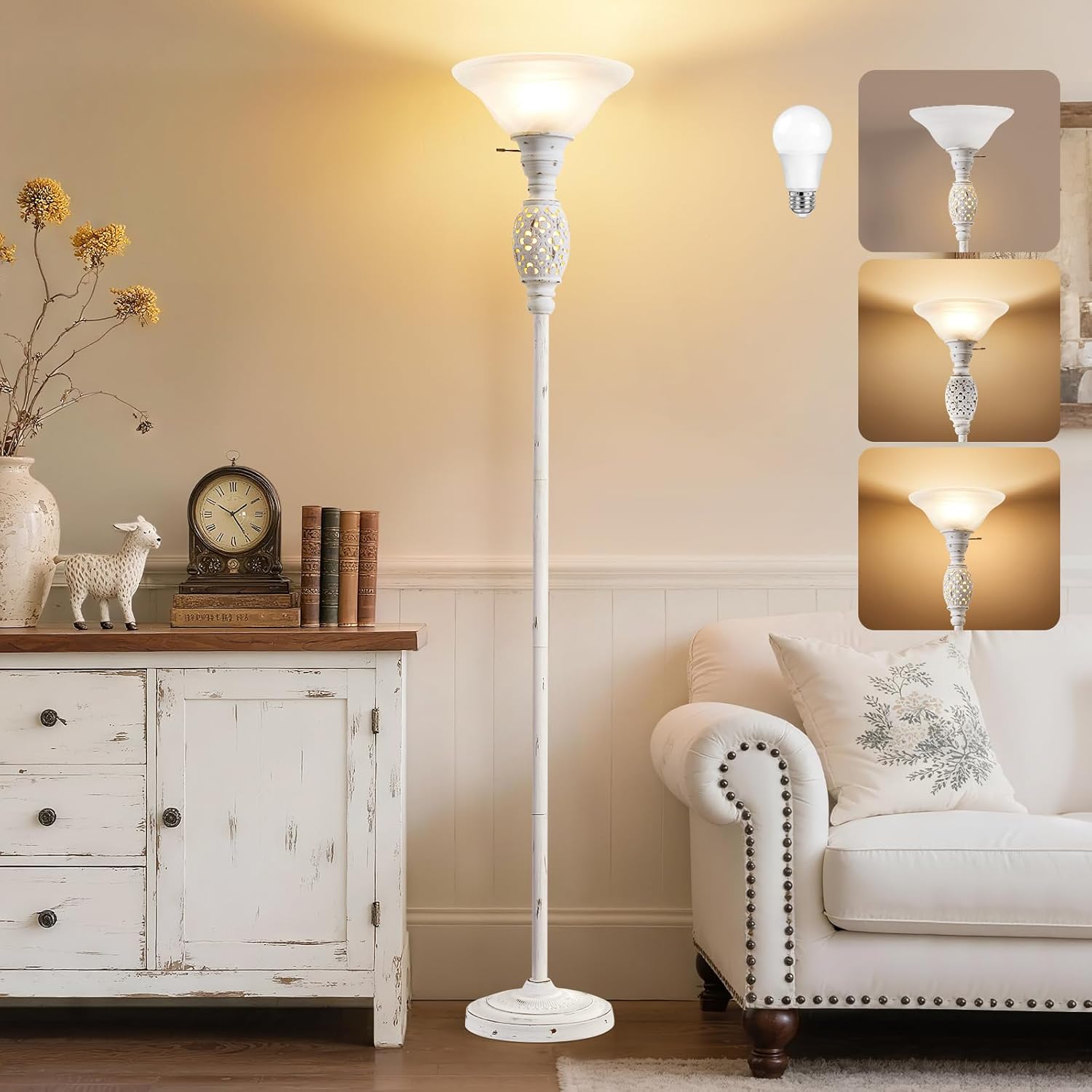 70" Torchiere Floor Lamp with NightLight - Victorian Style Standing Lamp for Living Room, Bedroom, Office - Retro Floor Lamps with Rotary Switch & Etched Glass Shade, Home Decor, Bulb Included