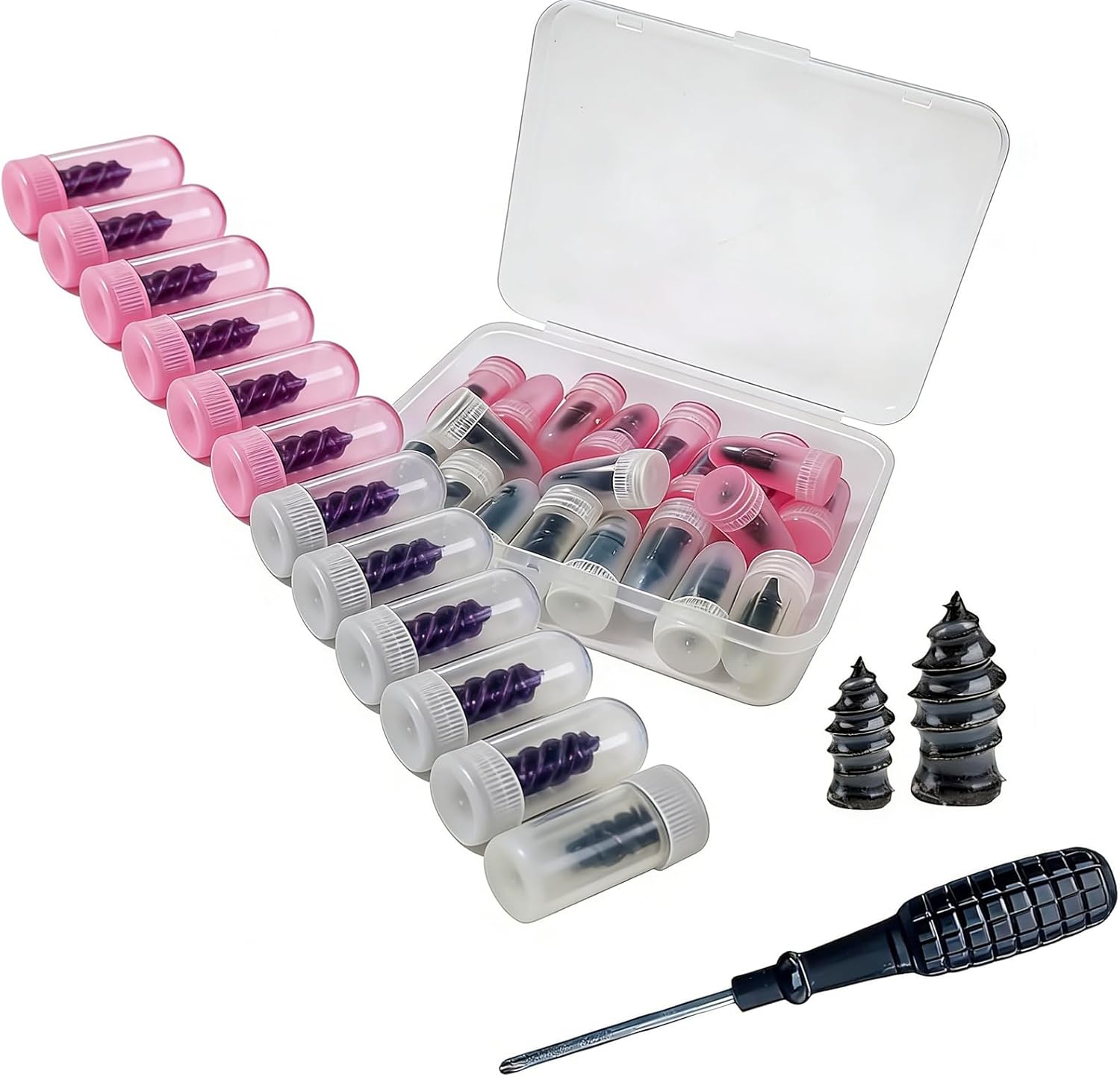 60PS Vacuum Tire Mending Nail, Rubber Screws Tire Repair Kits with 2 Sizes, Screwdriver&Storage Box, Quick Self-Service Tire Repair Tools for Car, Motorcycle, Truck