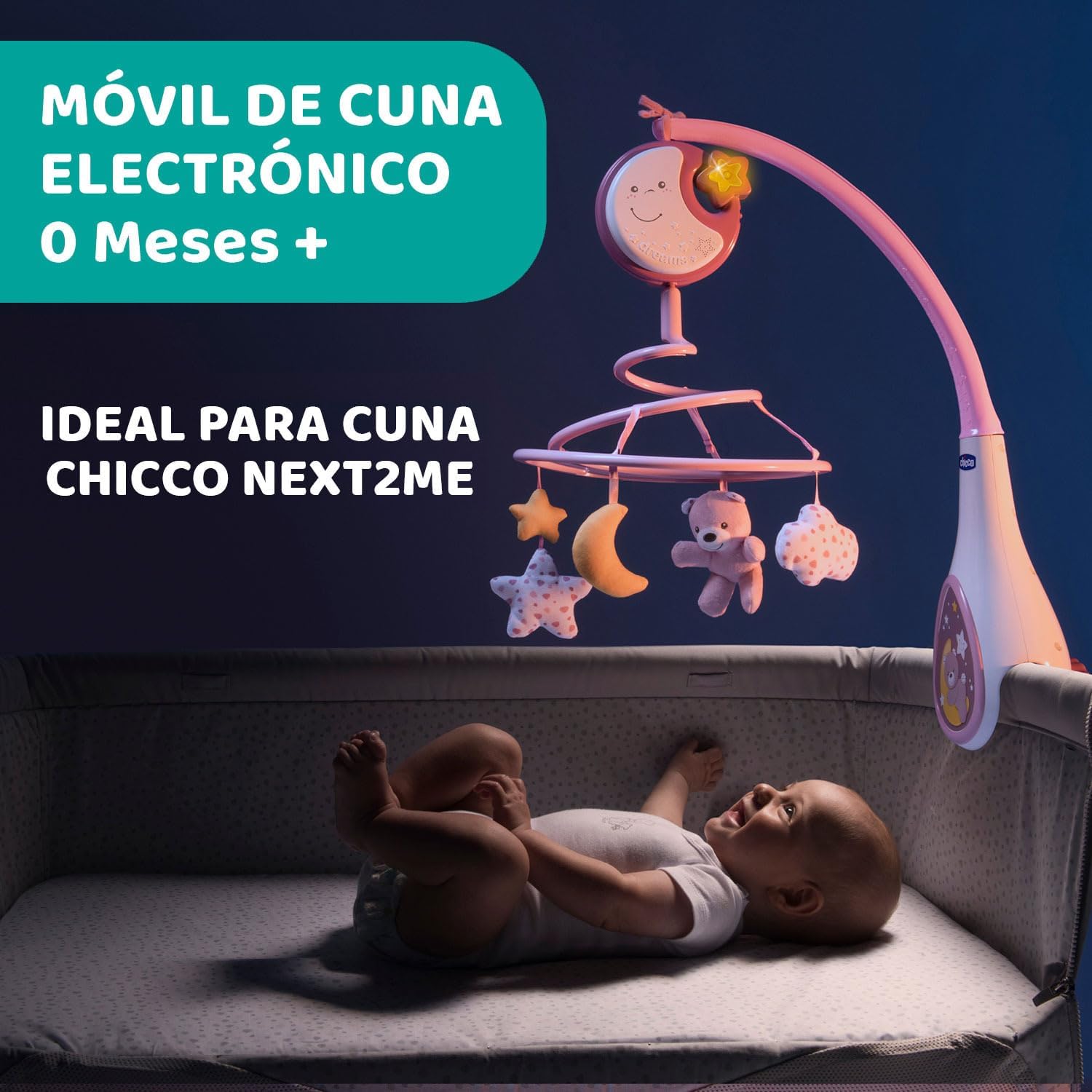 chicco Next2Dreams Baby Mobile with Music Box for Cot and Bed - 3 in 1 Baby Mobile Compatible with Next2Me Cot, with Sound Effects, Soft Night Light Projector and Classical Music - 0+ Months, Pink