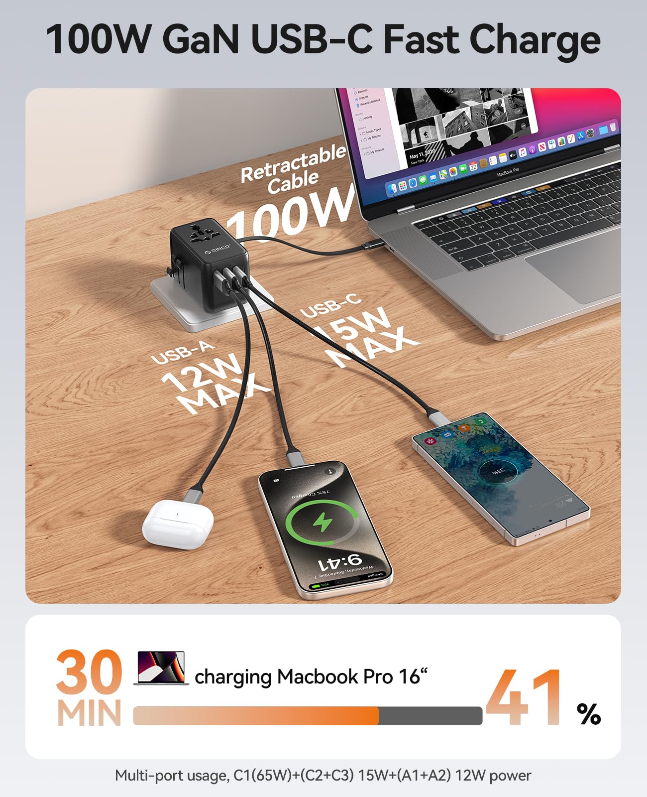 ORICO Uniwersalny adapter podróżny 100 W GaN International Power Adapter | 7 w 1 (2 AC, 3 USB-C, 2 USB-A) europejski adapter wtyczki podróżnej, wbudowany chowany kabel USB-C do UE UK AU 200+ krajów