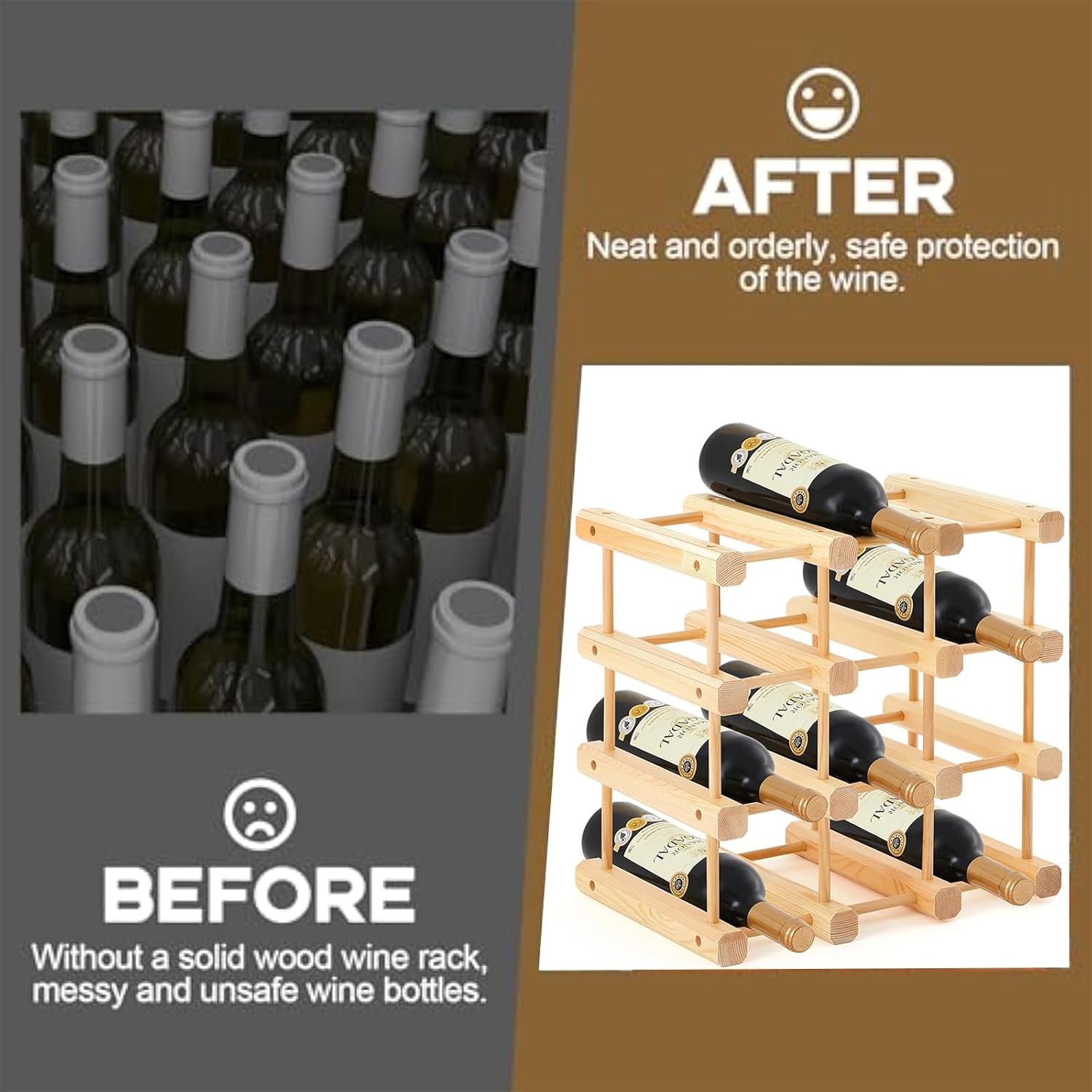 Yuehuam 12-Bottle Stackable Wooden Wine Rack, Modular Wine Storage Rack with Natural Pins, DIY Assembly Wine Storage Rack for Inside Cabinet and Countertop