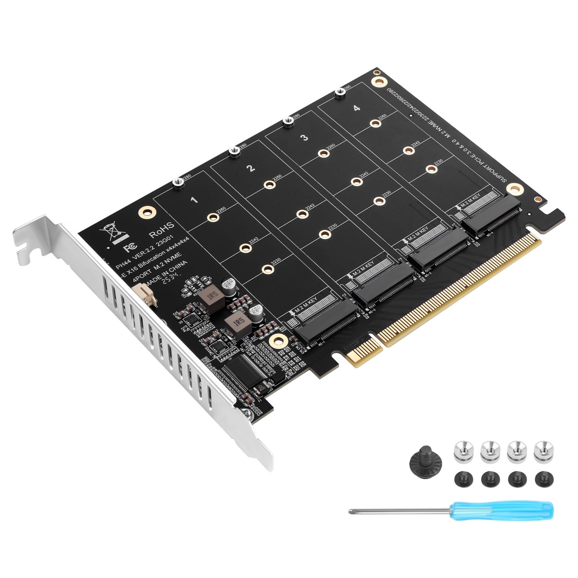 ELFJMZP PCIe 4.0 x16 to 4 Port M.2 NVMe SSD Adapter Card, PCIe Bifurcation RAID Controller, 4x 64Gbps Full Speed, Supports 4x NVMe SSD with Individual LED Activity Lights & Soft RAID for Windows 10/11