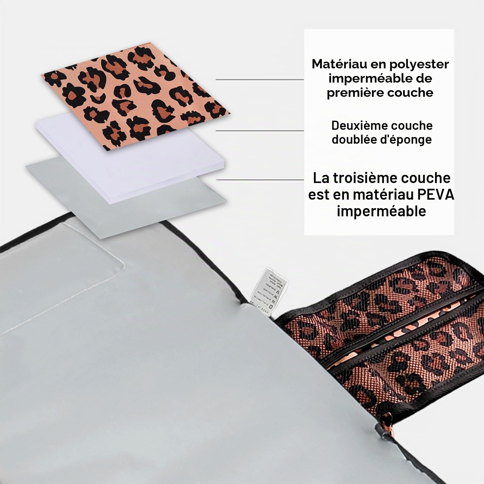 Matelas à langer portable, pour les déplacements, compact, sac à langer amovible, pour bébé en voyage, motif léopard