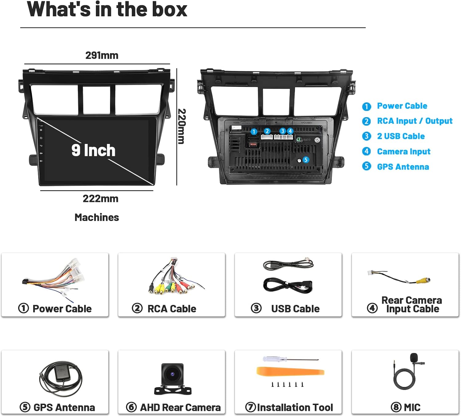 2+64G Android 15 Radio for Toyota Yaris Vios 2007-2012 Wireless Apple CarPlay Android Auto HiFi, 9 inch Touch Screen Stereo WiFi Bluetooth GPS Navigation FM RDS+Free AHD Backup Cam