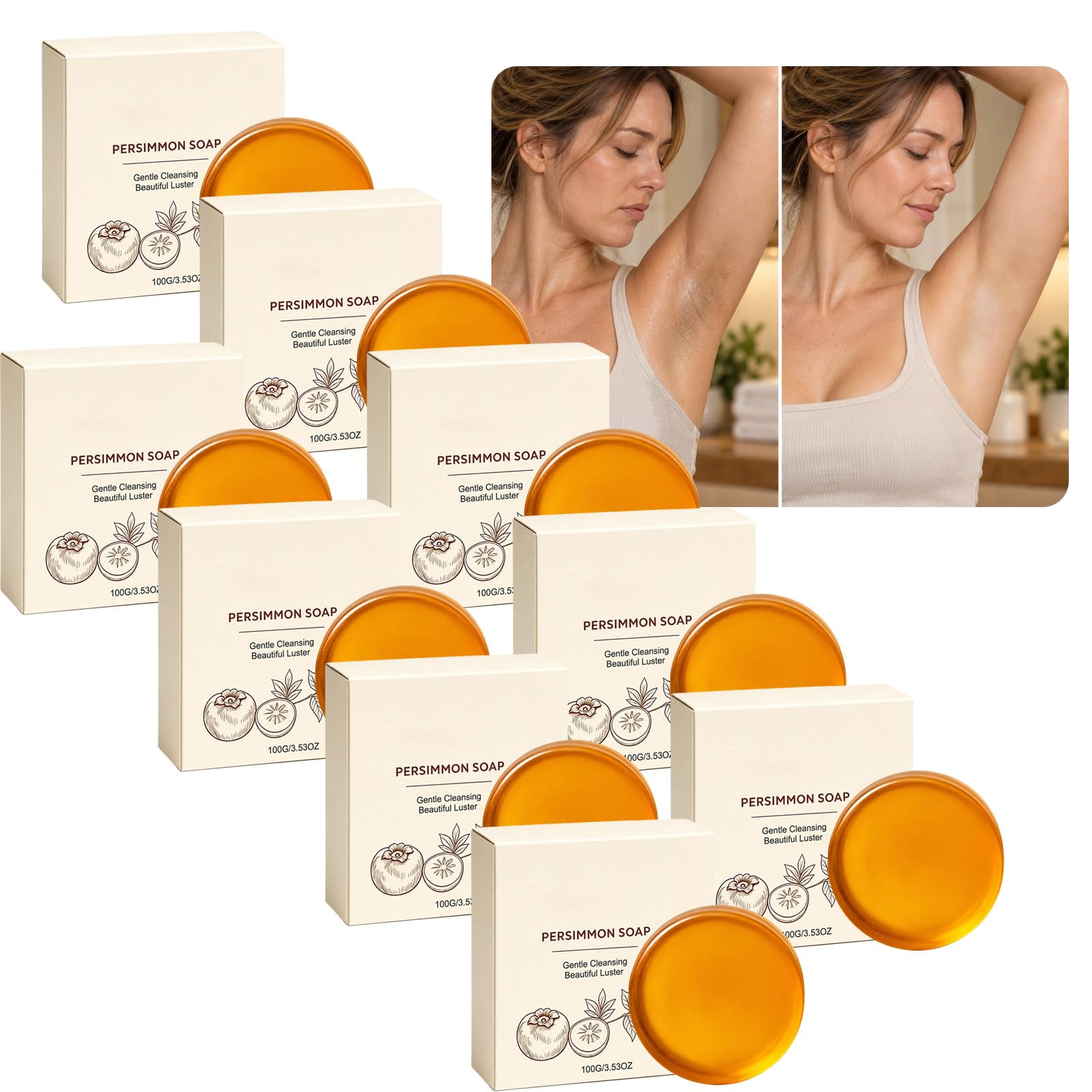 Barra di Sapone Deodorante al Cachi, Barra Detergente alla Glicerina Kaki, Lavaggio all'Estratto di Kaki, Barre Detergenti alla Glicerina Trasparente, Detergente Facciale Delicato (9PCS)