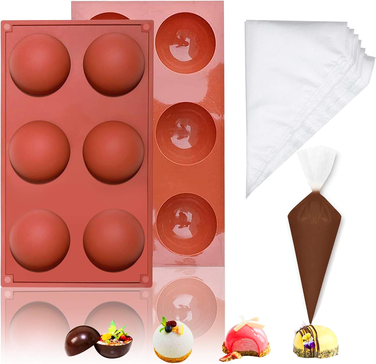 2 Pack Semi Sphere Silicone Mold with 10x Disposable Pastry Bag Icing Piping Bags for Making Hot Chocolate Bomb, Cake, Jelly, Dome Mousse.Dia:2.6inches… (6 Holes)