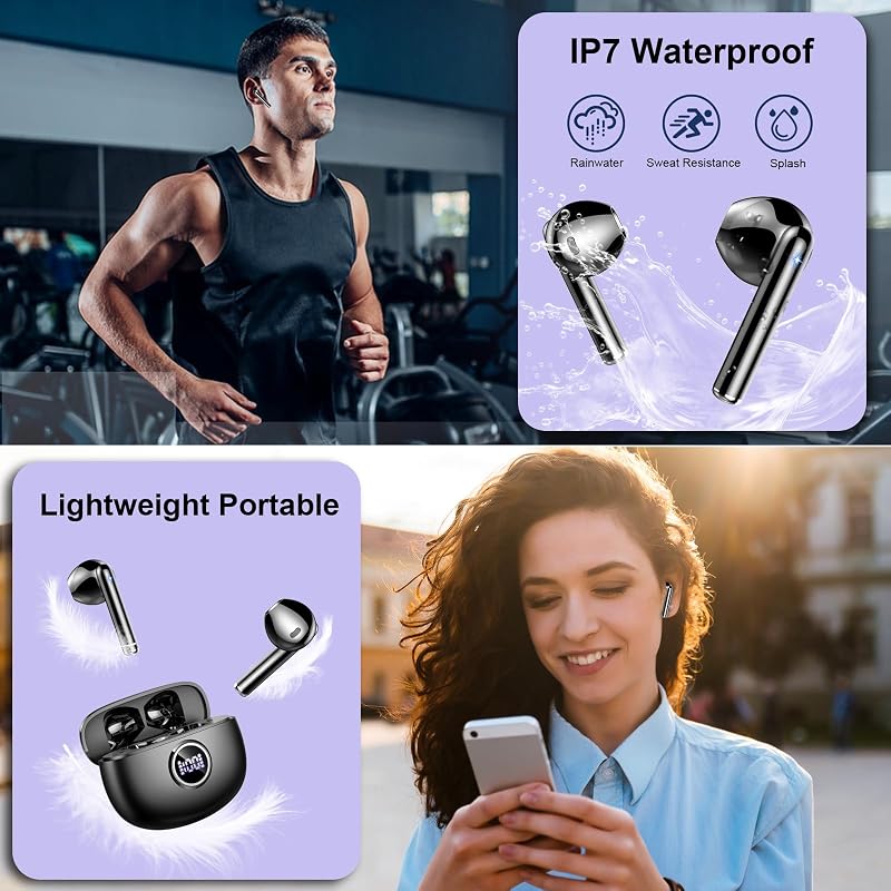 Wireless Earbuds, 2025 Bluetooth 5.3 Headphones HiFi Stereo Ear buds with ENC Noise Cancelling Mics, 40H Bluetooth Earbuds with Dual LED Display, IP7 Waterproof in Ear Earphones for Android iOS, Black image 6