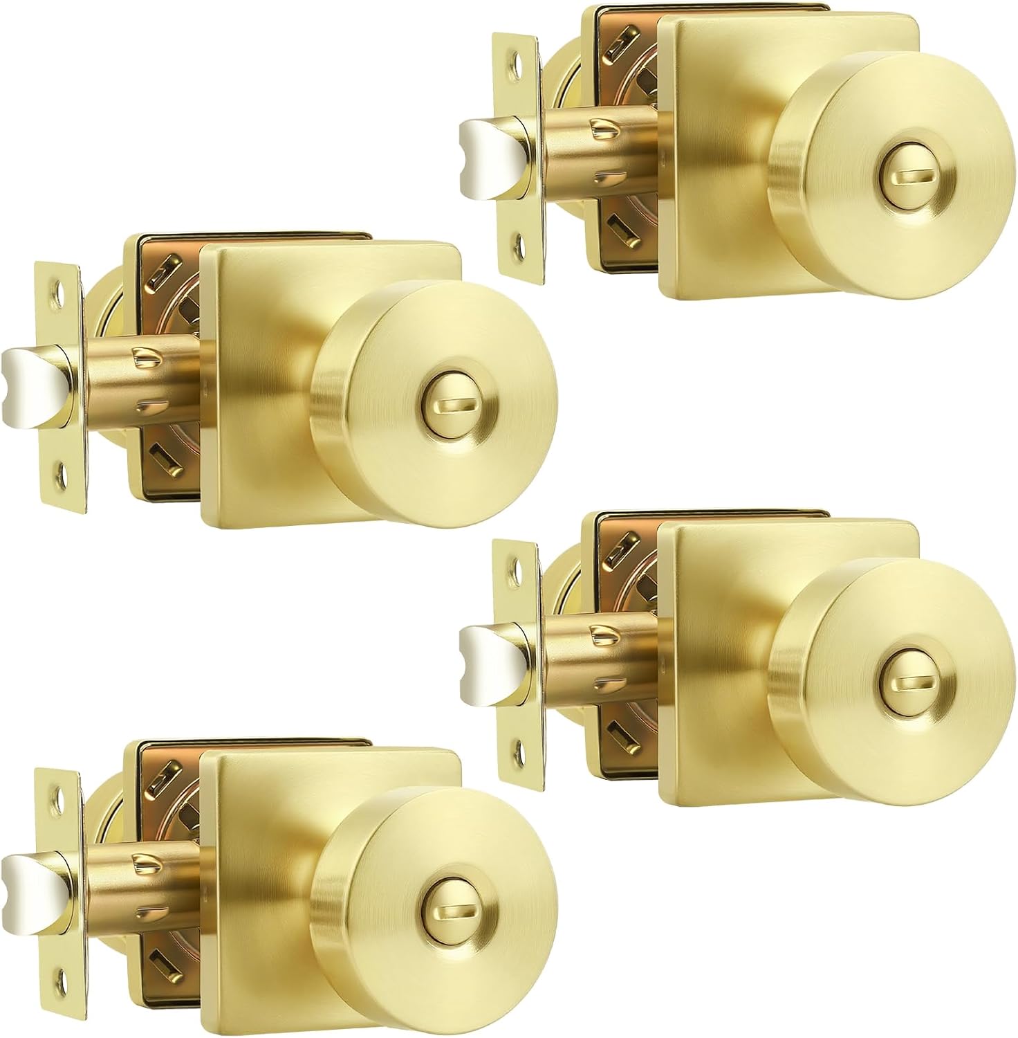 Probrico Unique Privacy Door Knobs Interior 4 Pack, Classic Keyless Bedroom/Bathroom Door Handles Inside, Square Base Doorknobs with Brushed Gold Finish