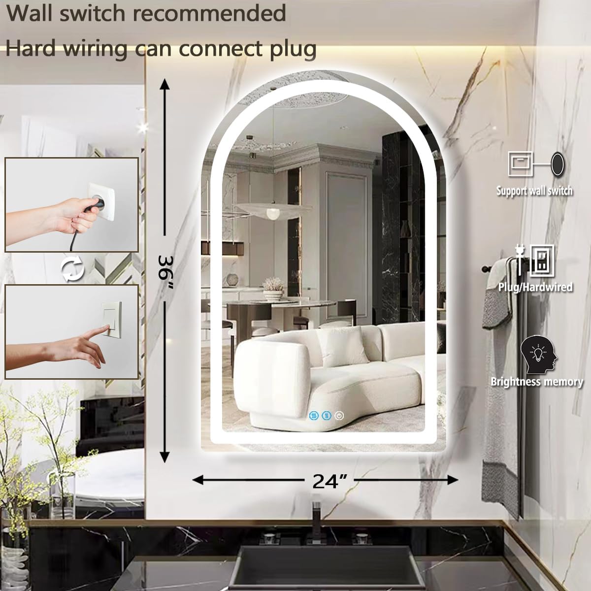 THEKLA 24 x 36 Inch Arched LED Bathroom Mirror with Lights Dimmable 3 Color Memory FrontLights 36in Arched Lighted Mirror for Bathroom Wall Mounted AntiFog Arch Smart LED Light up Vanity Mirrors