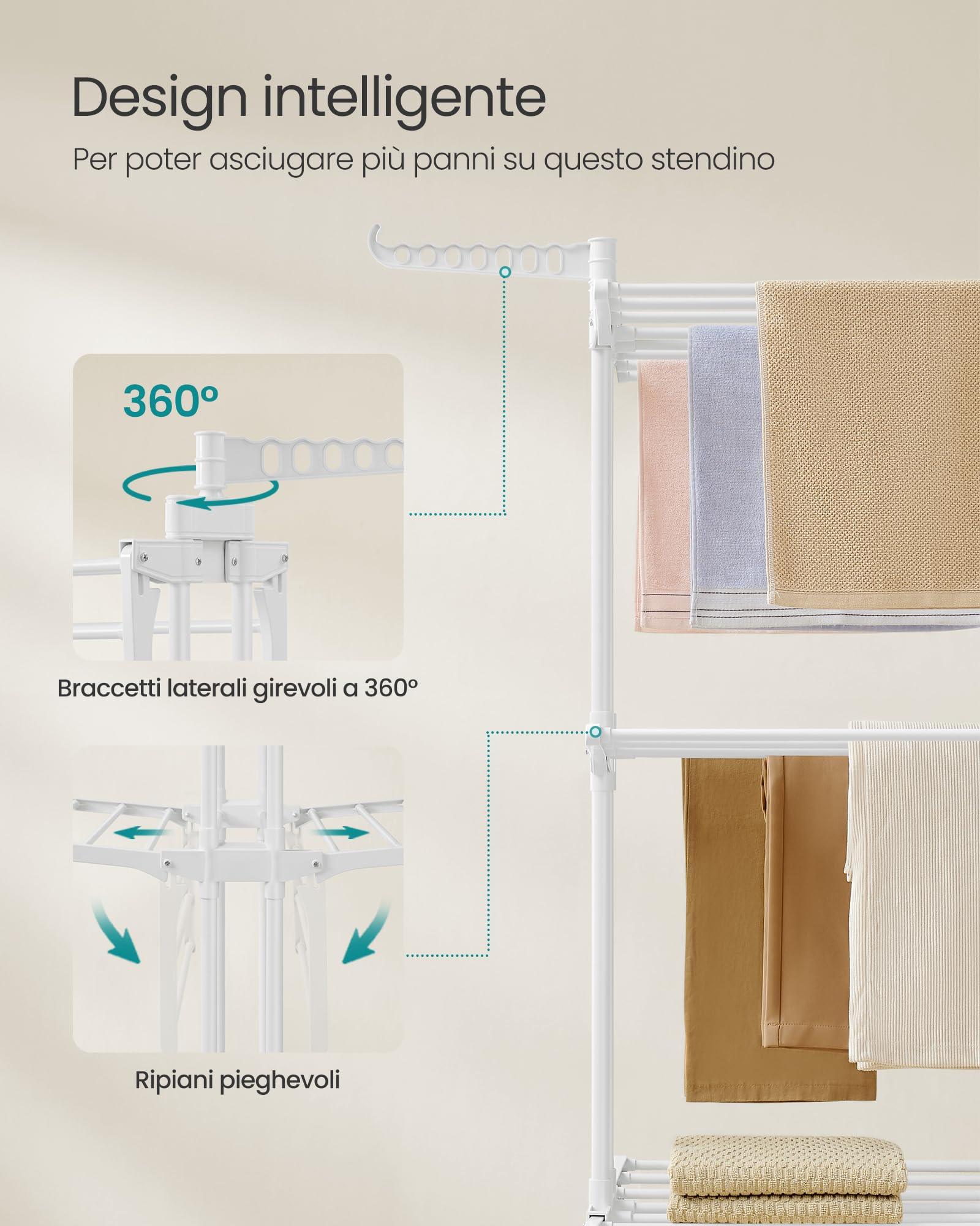 SONGMICS Stendibiancheria, Stendino Pieghevole a 4 Livelli, con Ruote e Ali Richiudibili, 63,5 x 128 x 173 cm, Capiente, Uso Interno ed Esterno, Bianco Nuvola LLR701W03